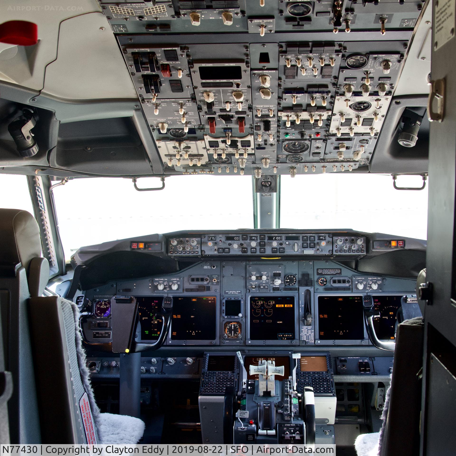 N77430, 2008 Boeing 737-924/ER C/N 37098, Overhead panel SFO 2019.
