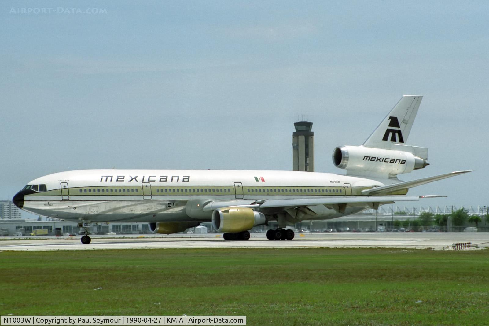 N1003W, 1981 McDonnell Douglas DC-10-15 C/N 48289, Delivered to Mexicana as N1003W in 1981. To Sun Country as N152SY in 1995. Withdrawn from use at Greenwood,MS in 2000 and scrapped in 2002.