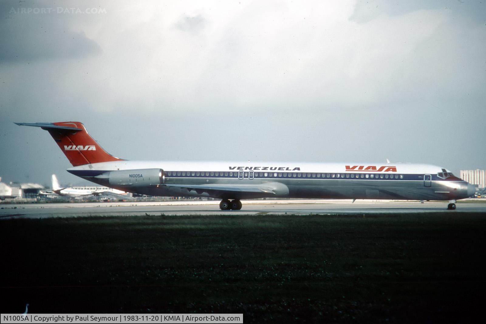 N1005A, 1982 McDonnell Douglas MD-82 (DC-9-82) C/N 49103, Delivered to VIASA as N1005A in 1982. To Jet America as N782JA in 1984. To Alaska Airlines in 1987 and reregistered as N967AS in 1991. To Aeropostal as YV-04C in 2004. Reregistered as YV132T in 2006. Withdrawn from use at Miami in 2006 and later scrapped.