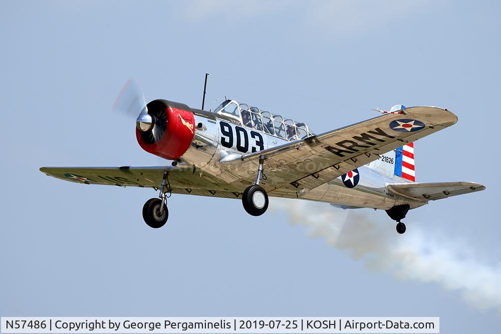 N57486, 1942 Consolidated Vultee BT-13A Valiant C/N 5665, A highly-polished Vibrator departing from runway 27.
