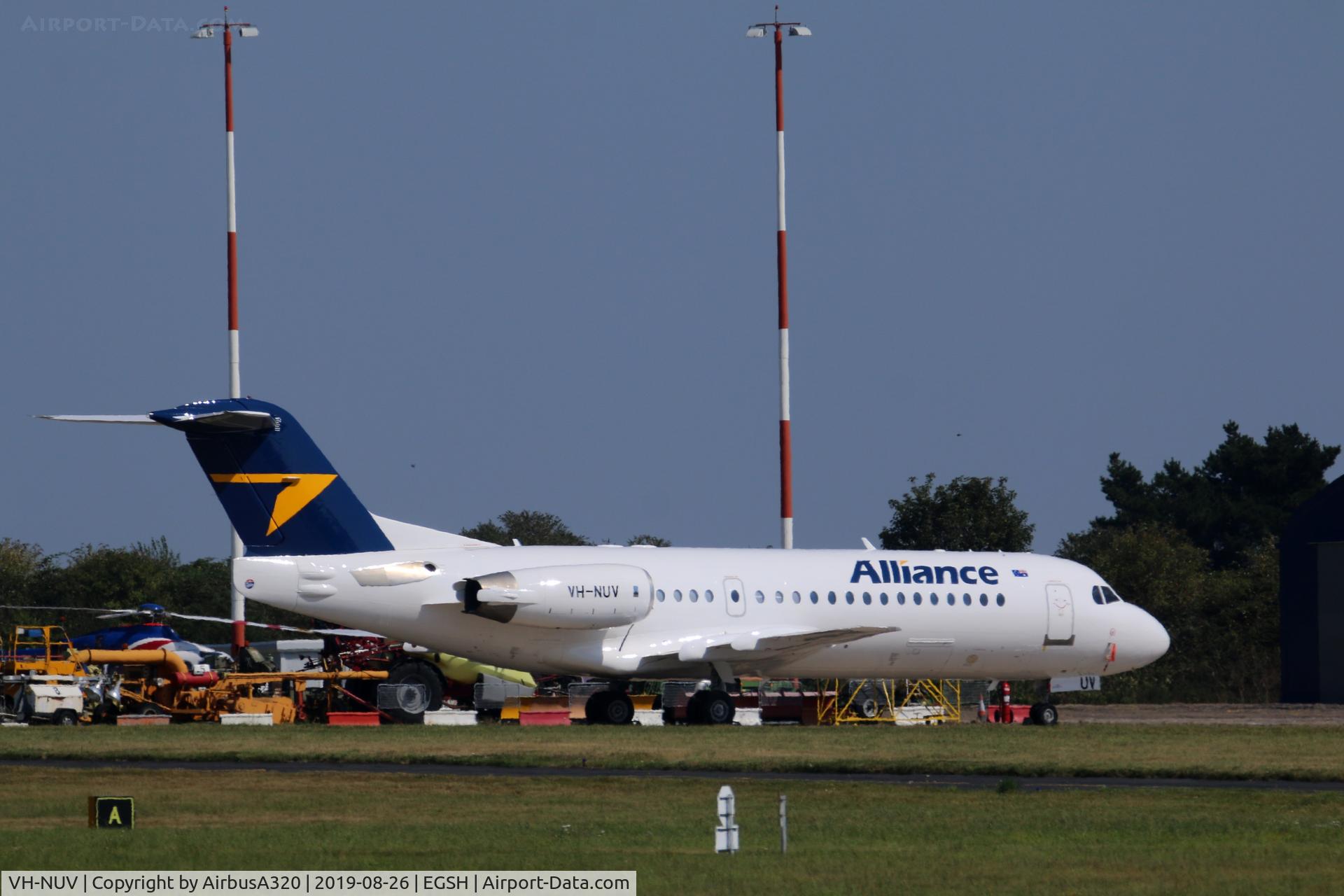 VH-NUV, 1995 Fokker 70 (F-28-0070) C/N 11554, Sitting on the Eastern Apron at Norwich in the Summer sun
