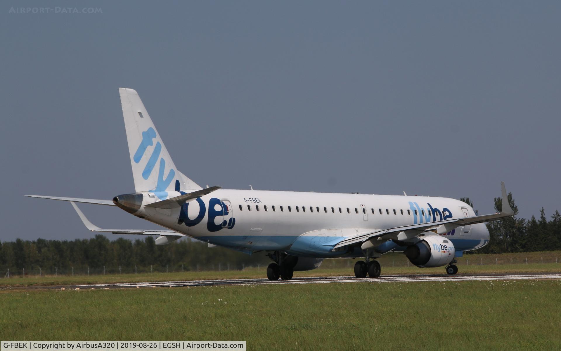 G-FBEK, 2008 Embraer 195LR (ERJ-190-200LR) C/N 19000168, Turning on to Rwy 09 at Norwich