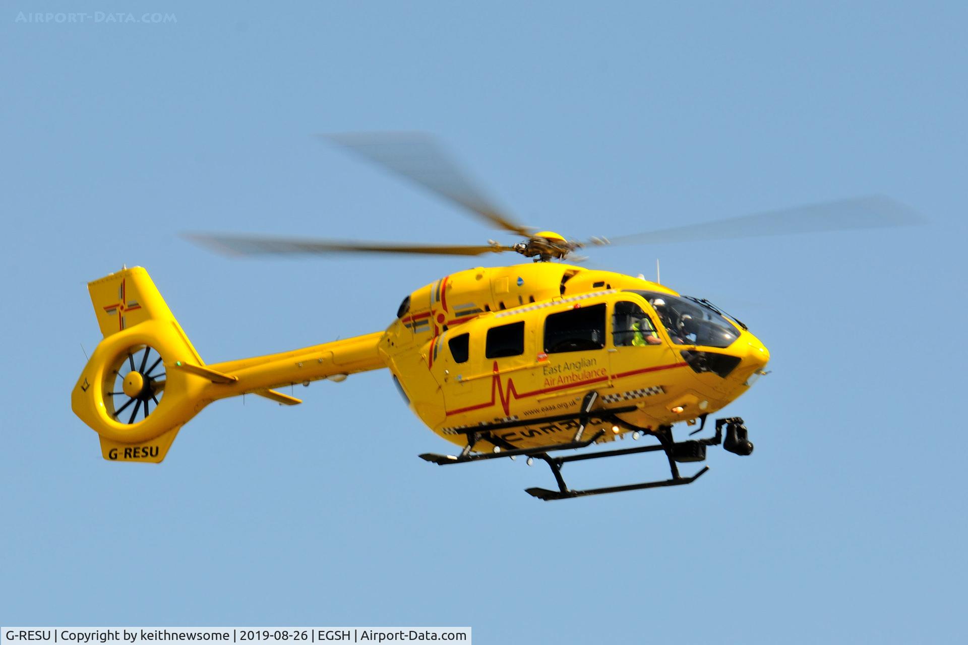 G-RESU, 2015 Airbus Helicopters EC-145T-2 (BK-117D-2) C/N 20052, Leaving Norwich on a mission.