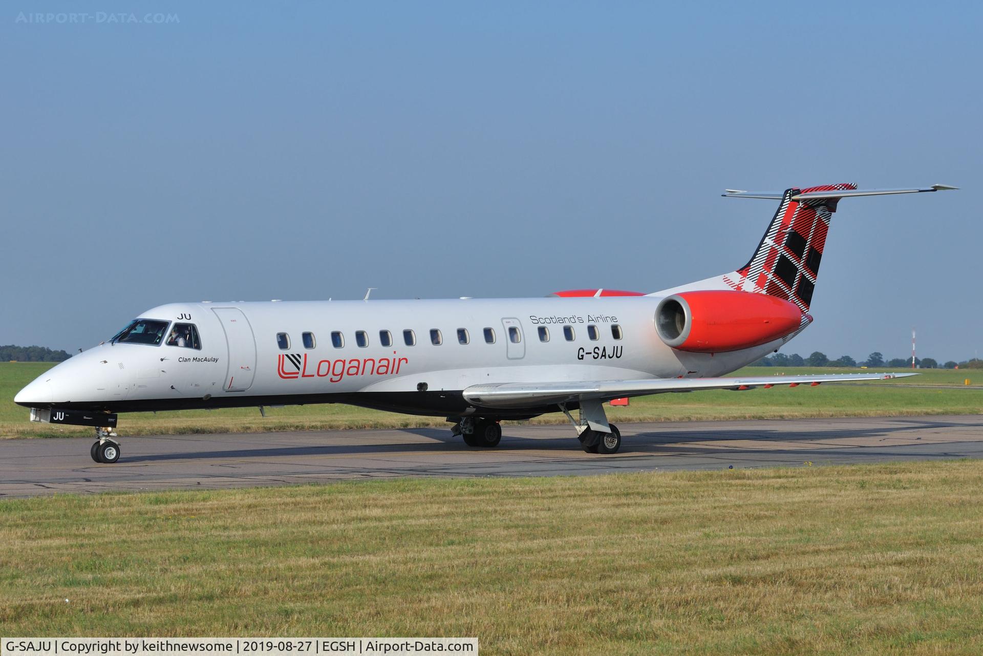 G-SAJU, 2001 Embraer ERJ-135ER (EMB-135ER) C/N 145494, Leaving Norwich for Manchester.
