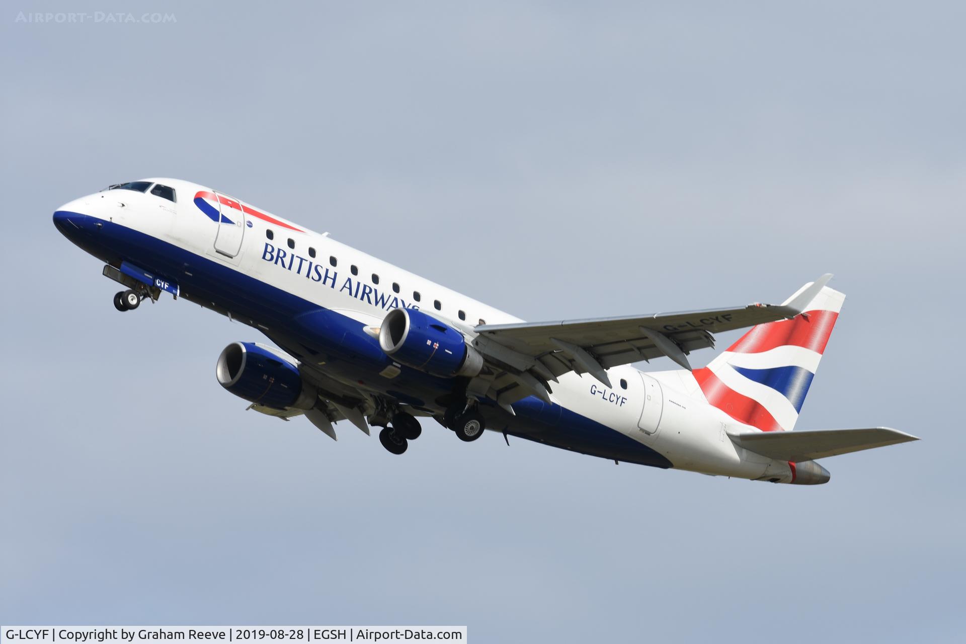 G-LCYF, 2009 Embraer 170STD (ERJ-170-100STD) C/N 17000298, Departing from Norwich.