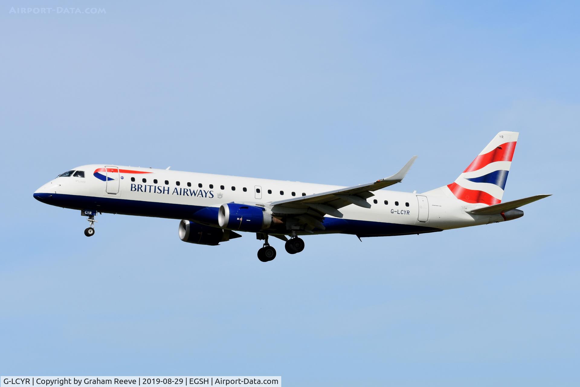 G-LCYR, 2012 Embraer 190SR (ERJ-190-100SR) C/N 19000563, Landing at Norwich.
