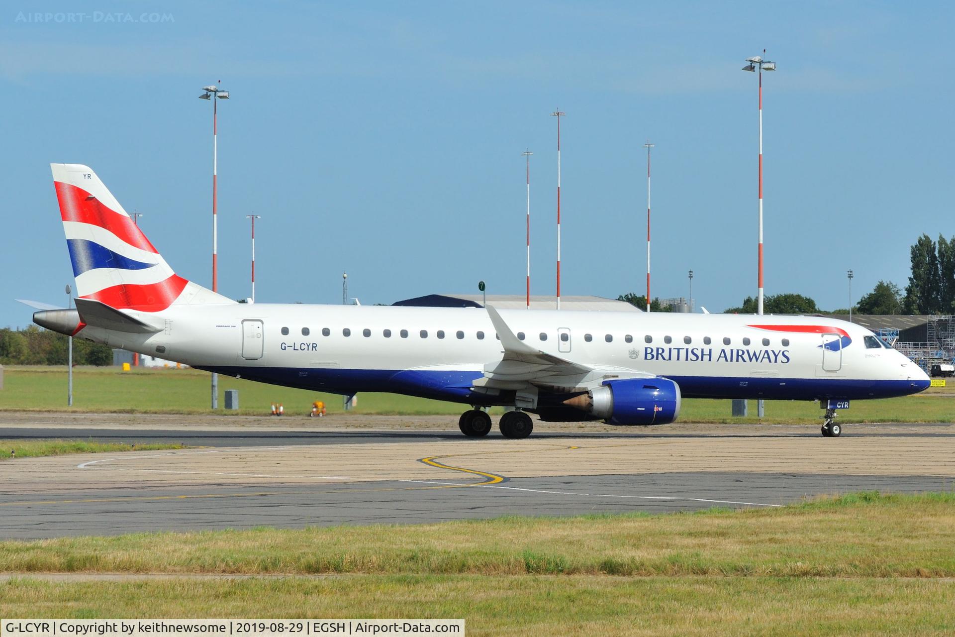 G-LCYR, 2012 Embraer 190SR (ERJ-190-100SR) C/N 19000563, Arriving at Norwich for engineering work.