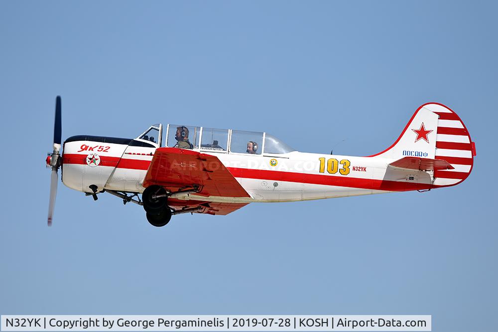 N32YK, 1986 Yakovlev Yak-52 C/N 866907, Departing from runway 27.