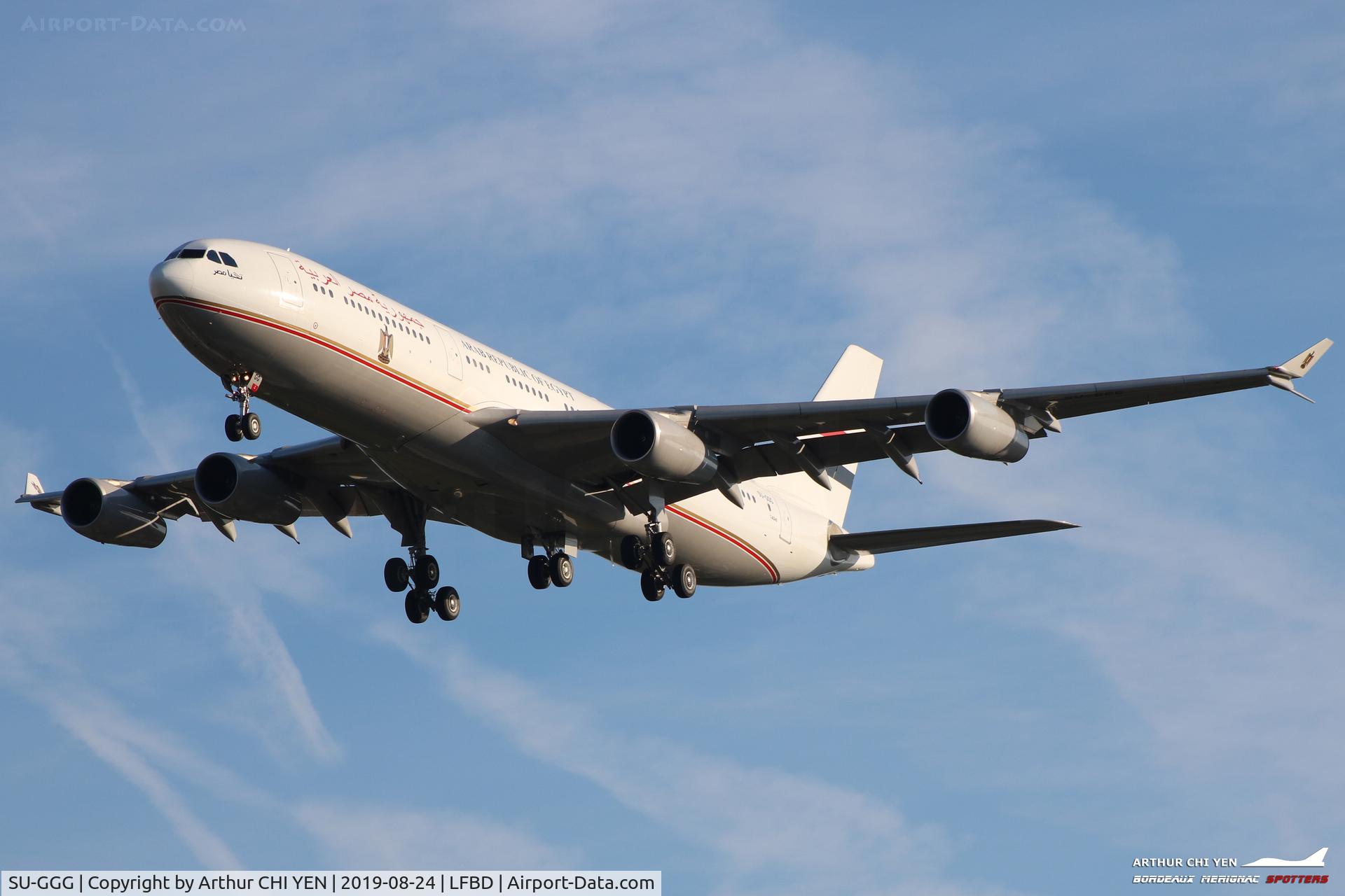 SU-GGG, 1995 Airbus A340-212 C/N 061, Egyptian Government A340 on fianal runway 23 at Bordeaux for G7 Summit in Biarritz.
