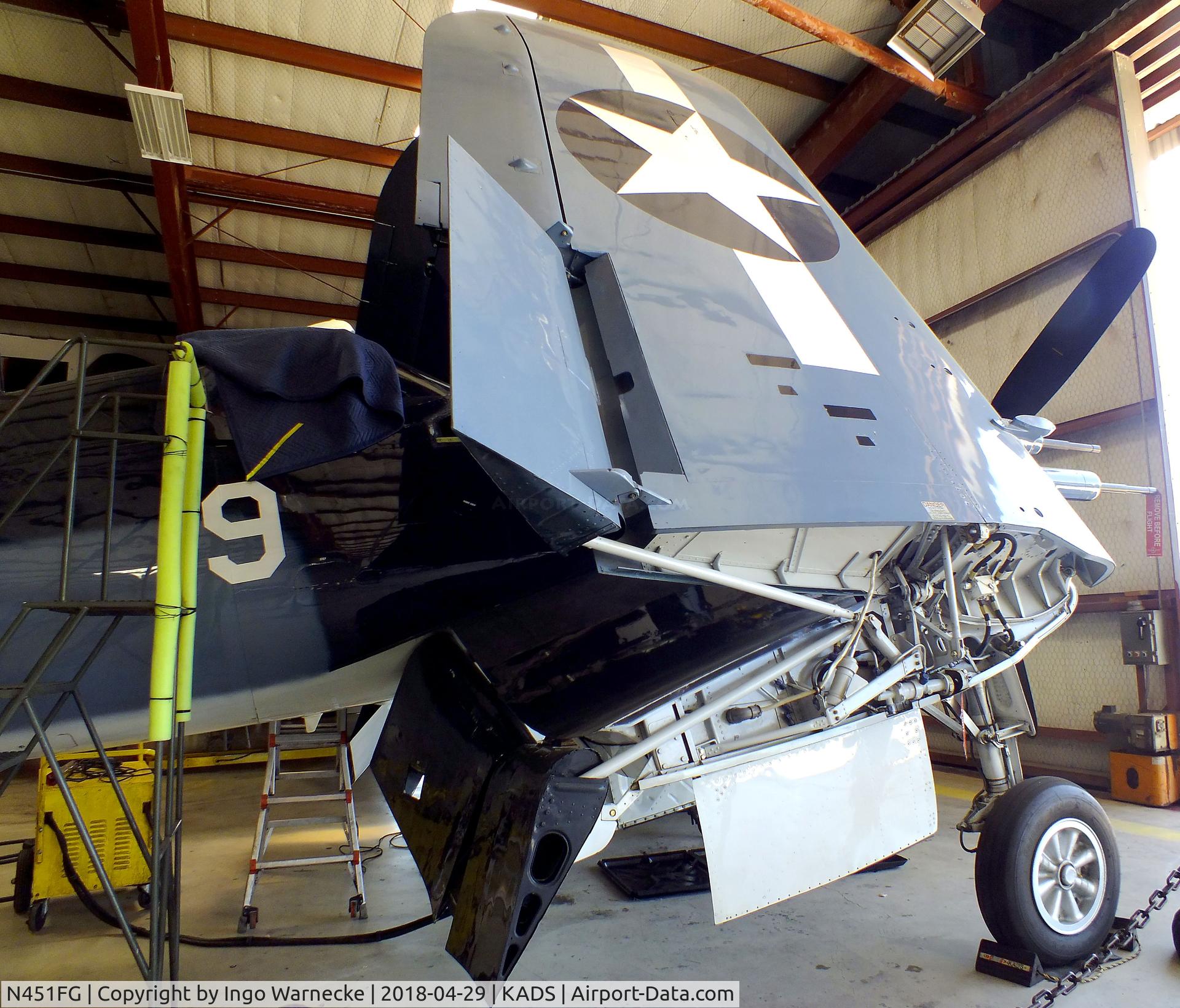 N451FG, 1945 Goodyear FG-1D Corsair C/N 3660, Vought (Goodyear) FG-1D (F4U) Corsair in the maintenance hangar at the Cavanaugh Flight Museum, Addison TX