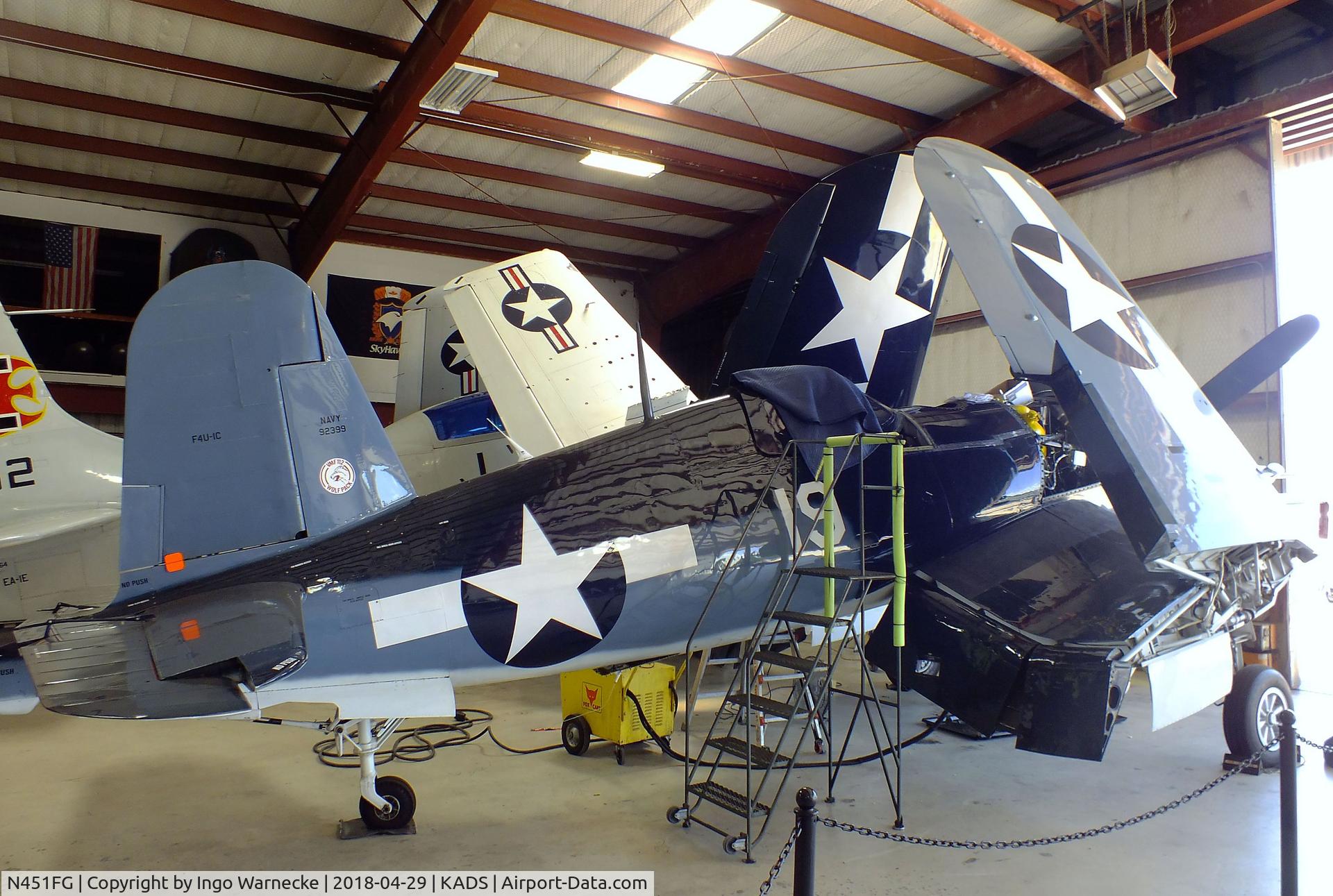 N451FG, 1945 Goodyear FG-1D Corsair C/N 3660, Vought (Goodyear) FG-1D (F4U) Corsair in the maintenance hangar at the Cavanaugh Flight Museum, Addison TX