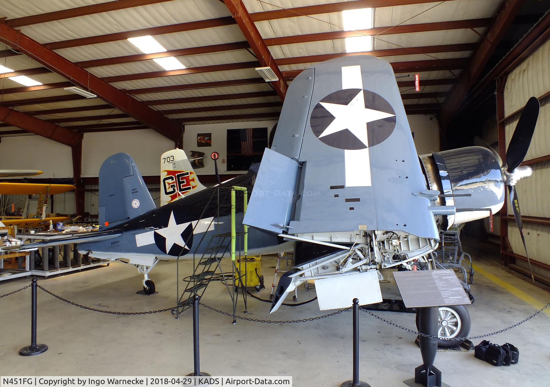 N451FG, 1945 Goodyear FG-1D Corsair C/N 3660, Vought (Goodyear) FG-1D (F4U) Corsair in the maintenance hangar at the Cavanaugh Flight Museum, Addison TX