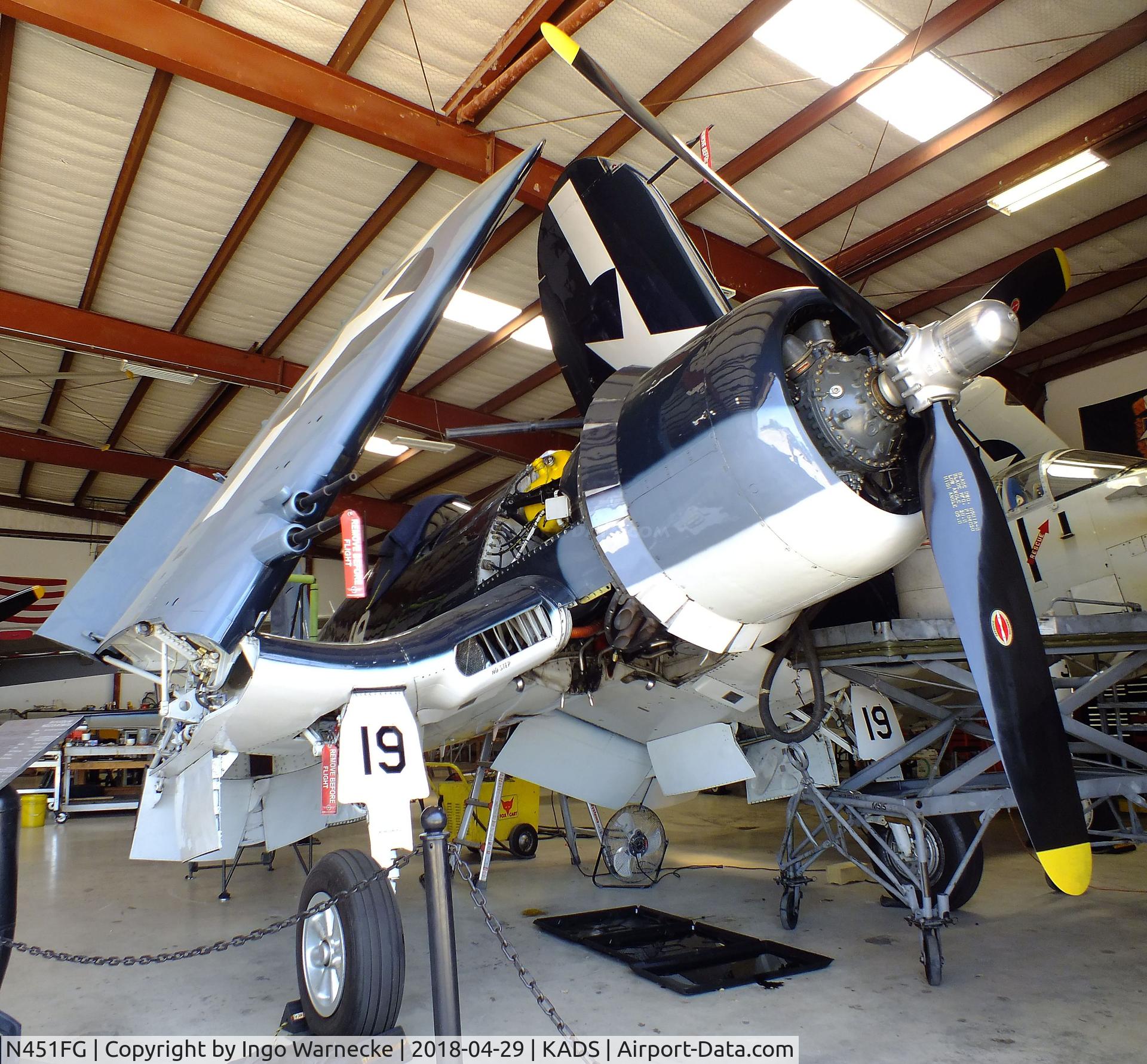 N451FG, 1945 Goodyear FG-1D Corsair C/N 3660, Vought (Goodyear) FG-1D (F4U) Corsair in the maintenance hangar at the Cavanaugh Flight Museum, Addison TX
