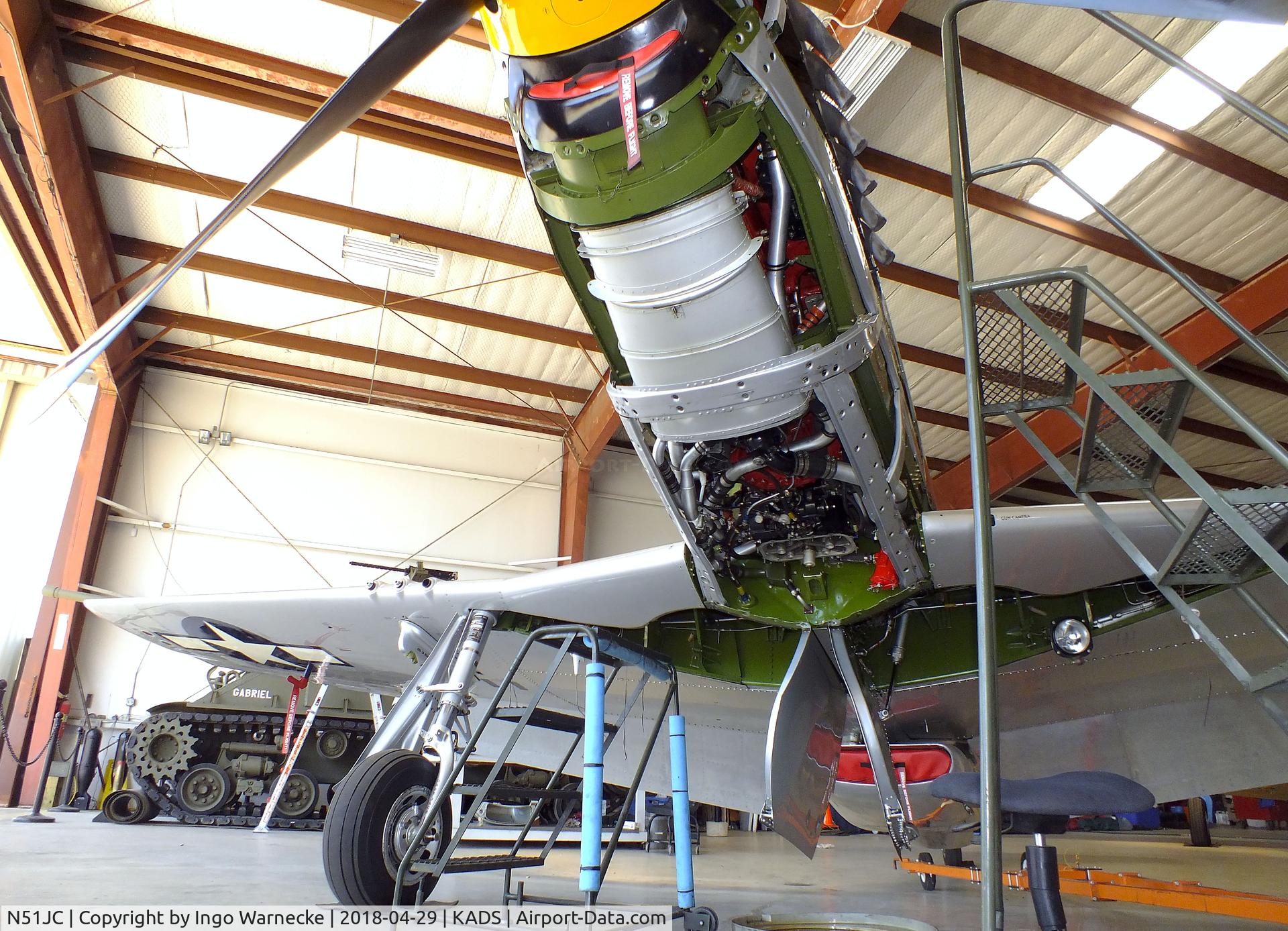 N51JC, 1944 North American P-51D Mustang C/N 122-38798, North American P-51D Mustang in the maintenance hangar at the Cavanaugh Flight Museum, Addison TX