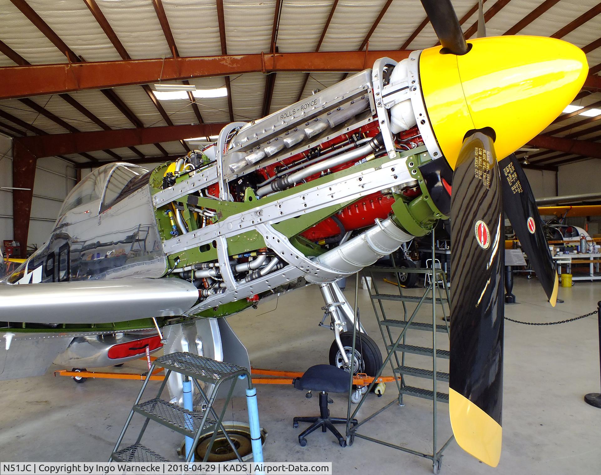 N51JC, 1944 North American P-51D Mustang C/N 122-38798, North American P-51D Mustang in the maintenance hangar at the Cavanaugh Flight Museum, Addison TX