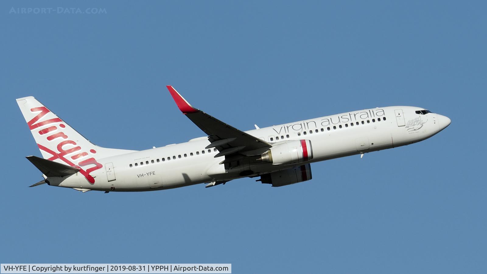 VH-YFE, 2011 Boeing 737-81D C/N 39414, Boeing 737-81D. Virgin Australia VH-YFE departed Rwy 21 YPPH 310819.