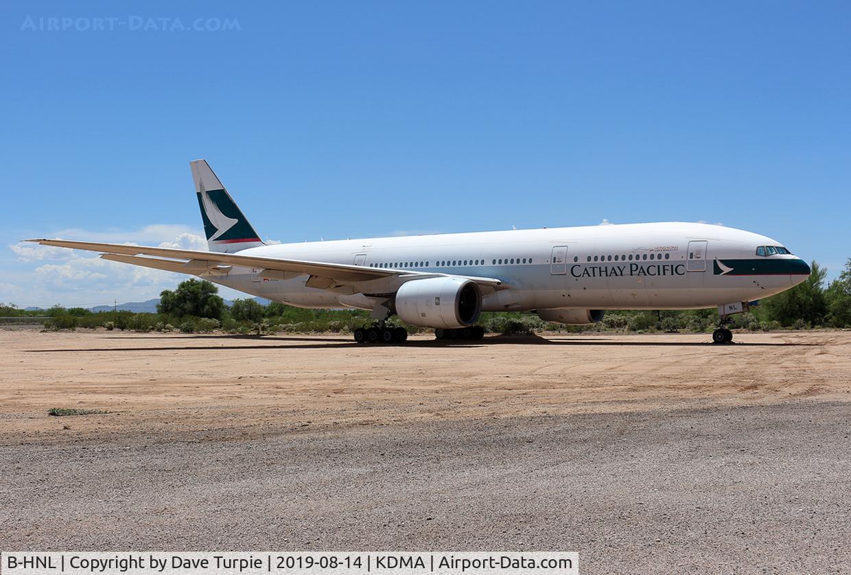 B-HNL, 1994 Boeing 777-267 C/N 27116, Located at Pima Air & Space Museum, adjacent to KDMA. 12 June 1994: At 11:45 a.m., Boeing test pilots John Cashman and Kenny Higgins took the first Boeing 777-200 airliner, line number WA001, registration N7771, on its first flight. This is that plane.