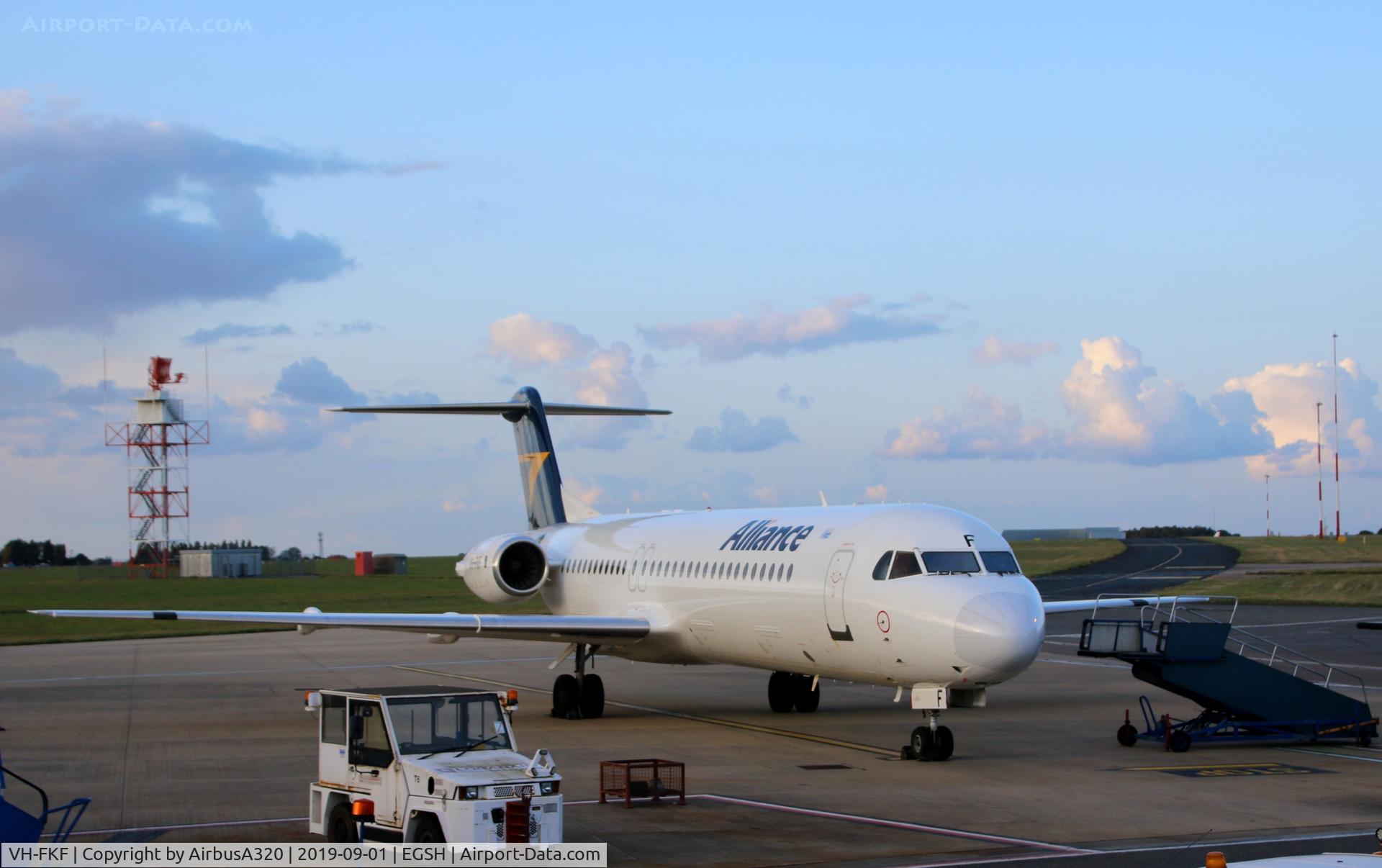 VH-FKF, 1991 Fokker 100 (F-28-0100) C/N 11365, seen parked on stand 6