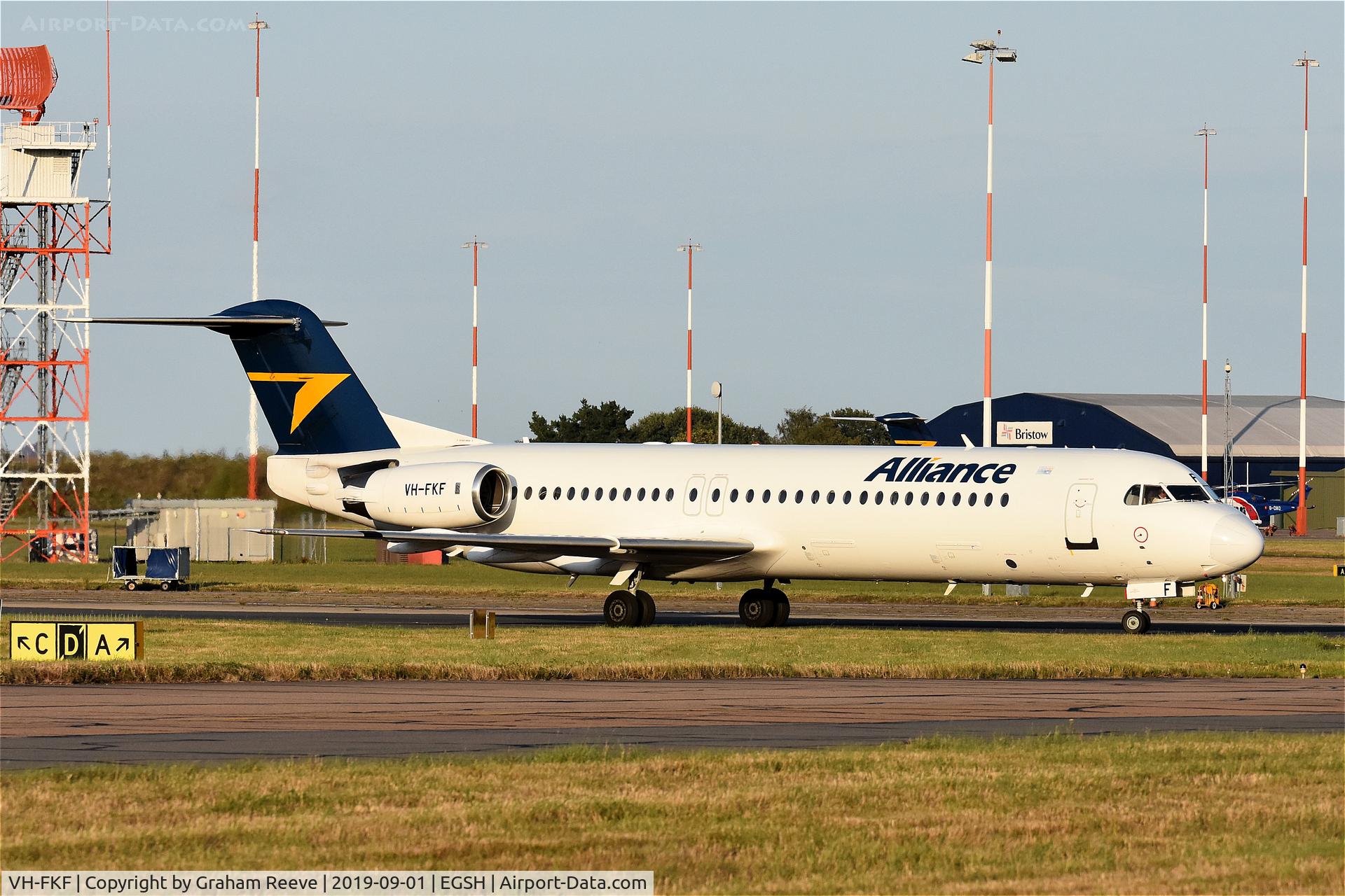VH-FKF, 1991 Fokker 100 (F-28-0100) C/N 11365, Just landed at Norwich.