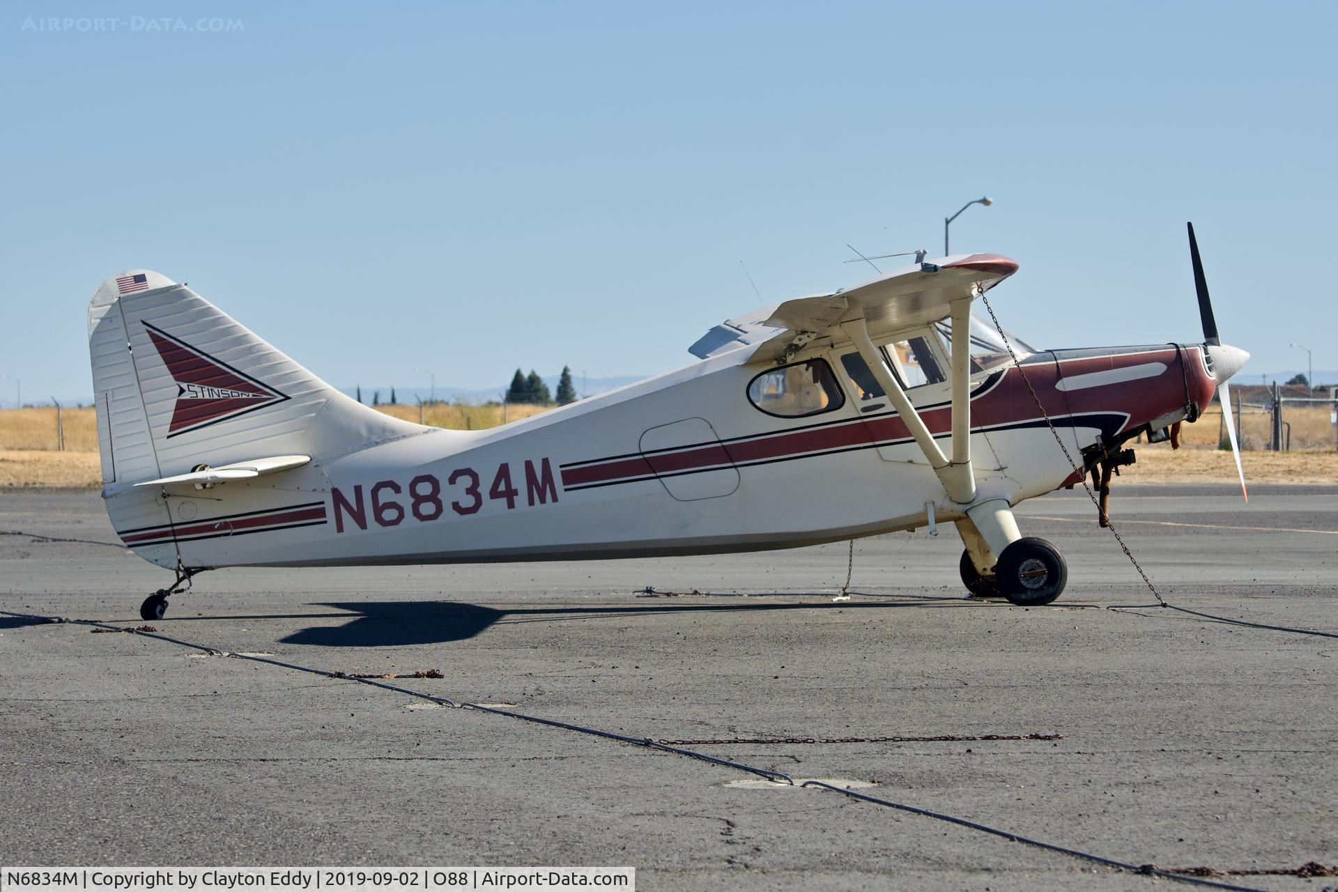 N6834M, 1949 Stinson 108-3 Voyager C/N 108-4834, Rio Vista Airport California 2019.