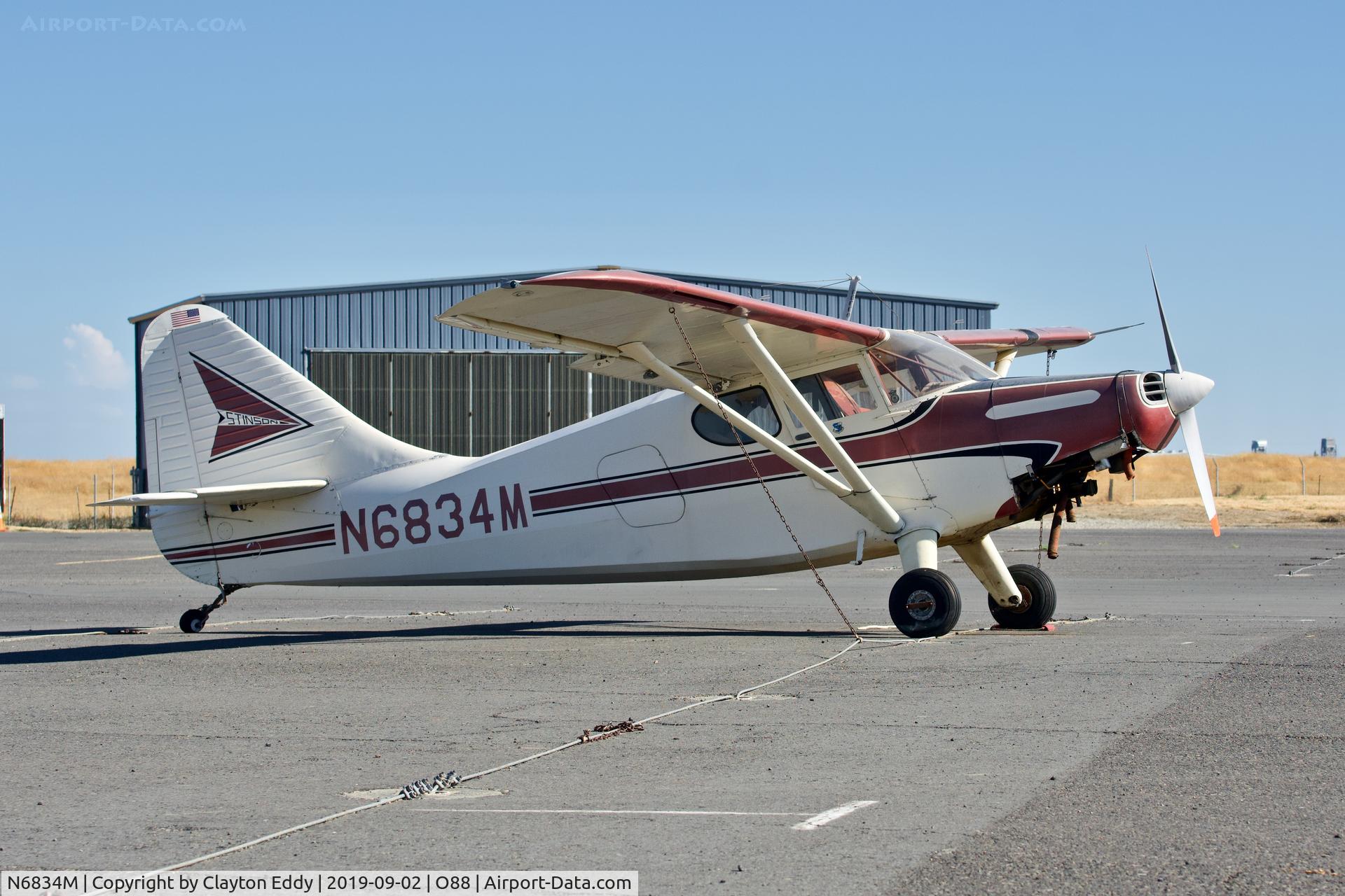 N6834M, 1949 Stinson 108-3 Voyager C/N 108-4834, Rio Vista Airport California 2019.