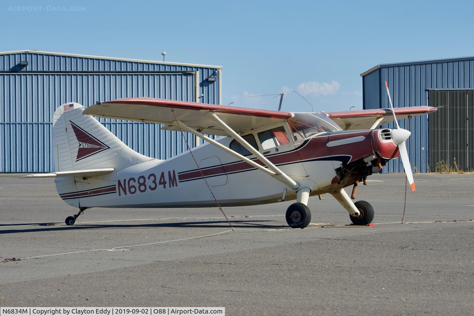 N6834M, 1949 Stinson 108-3 Voyager C/N 108-4834, Rio Vista Airport California 2019.