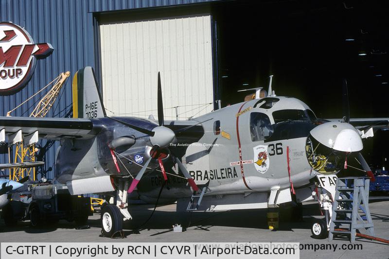 C-GTRT, 1959 De Havilland Canada CS2F-2 Tracker C/N DHC84, Loaned to IMP for Turbo Tracker conversion with PT6A067CF engines. Sold to Brazil Navy as P-16H number 7036. Withdrawn from use and stored.