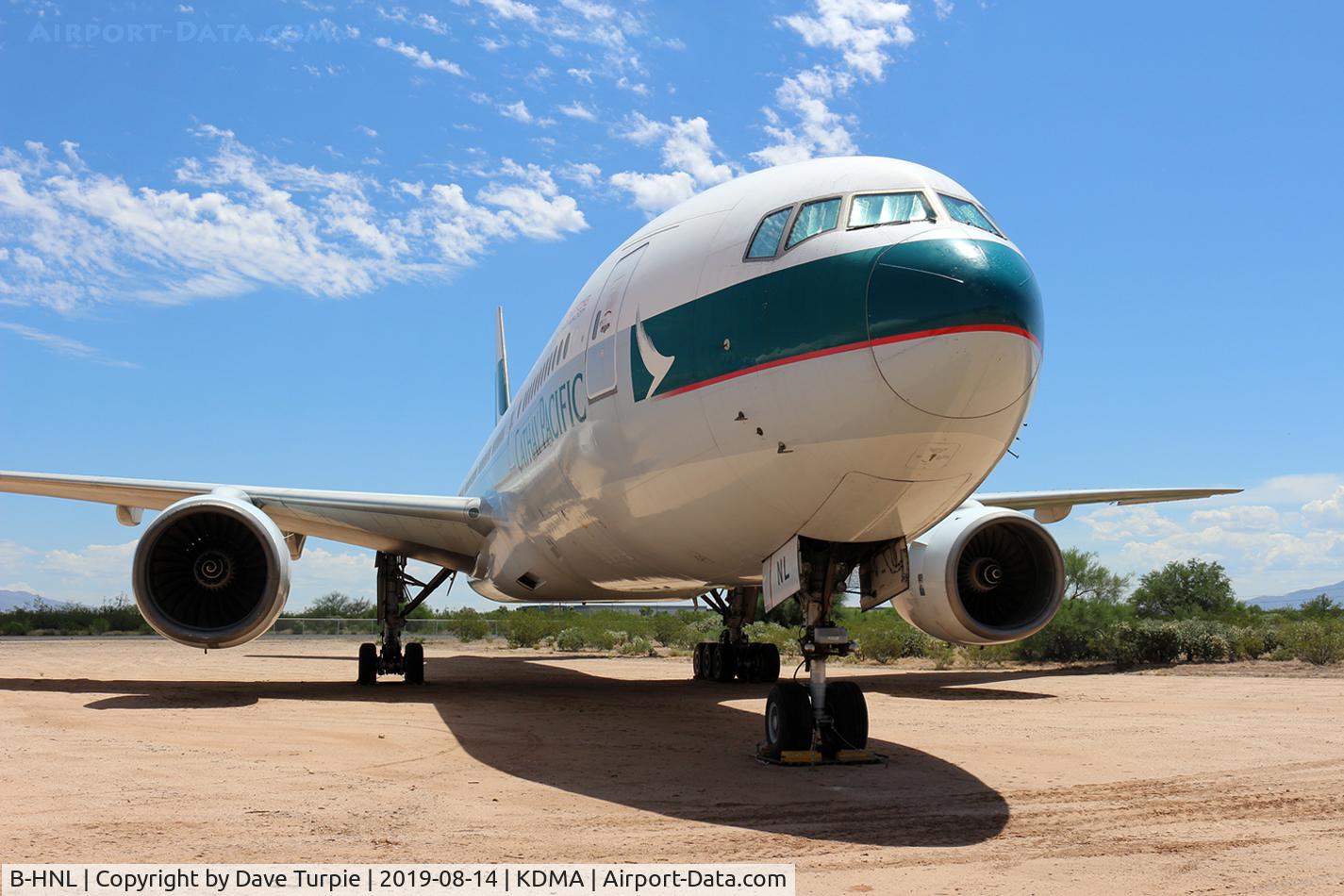 B-HNL, 1994 Boeing 777-267 C/N 27116, Located at Pima Air & Space Museum, adjacent to KDMA. 12 June 1994: At 11:45 a.m., Boeing test pilots John Cashman and Kenny Higgins took the first Boeing 777-200 airliner, line number WA001, registration N7771, on its first flight. This is that plane.