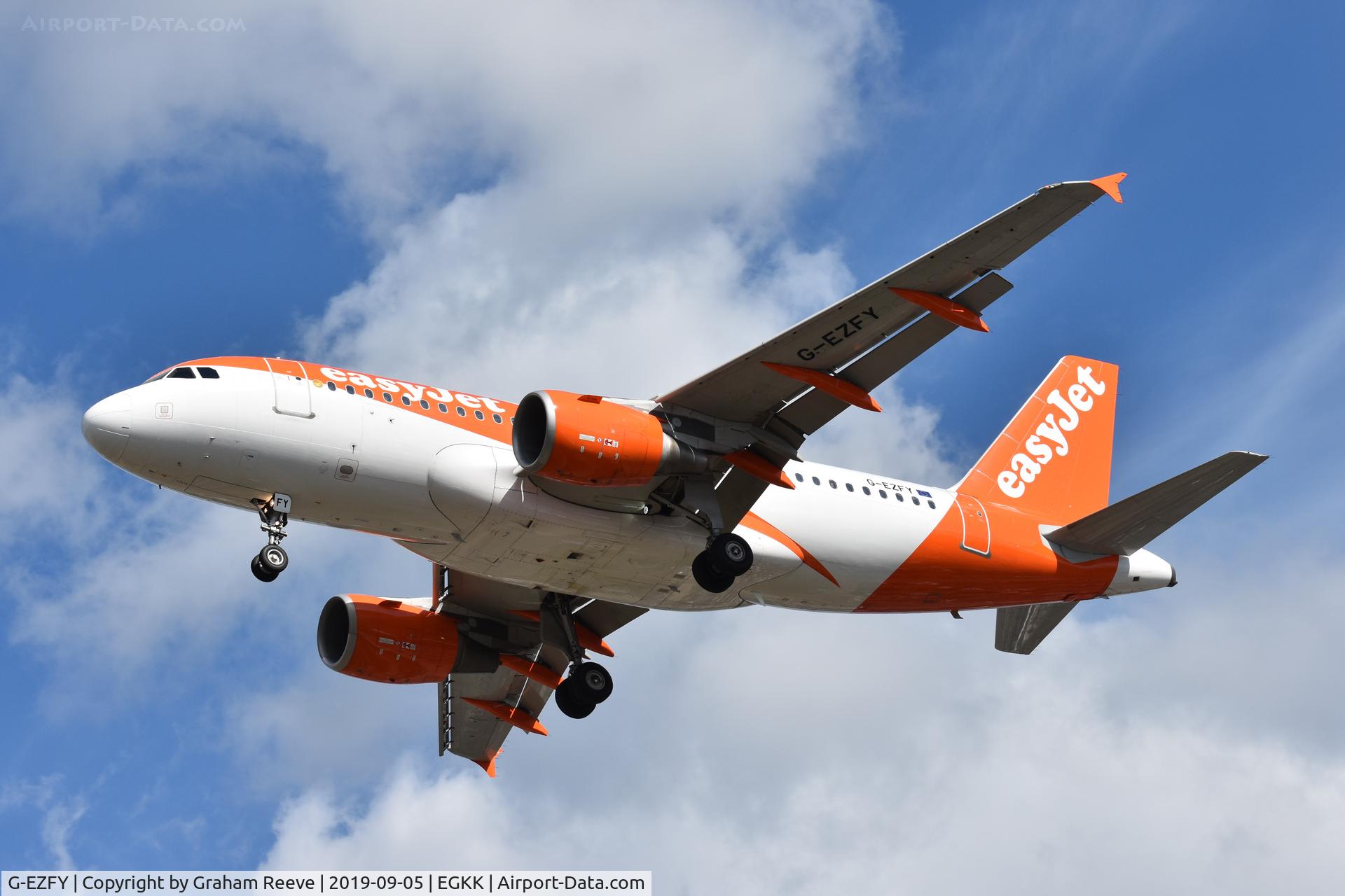 G-EZFY, 2010 Airbus A319-111 C/N 4418, Landing at Gatwick.