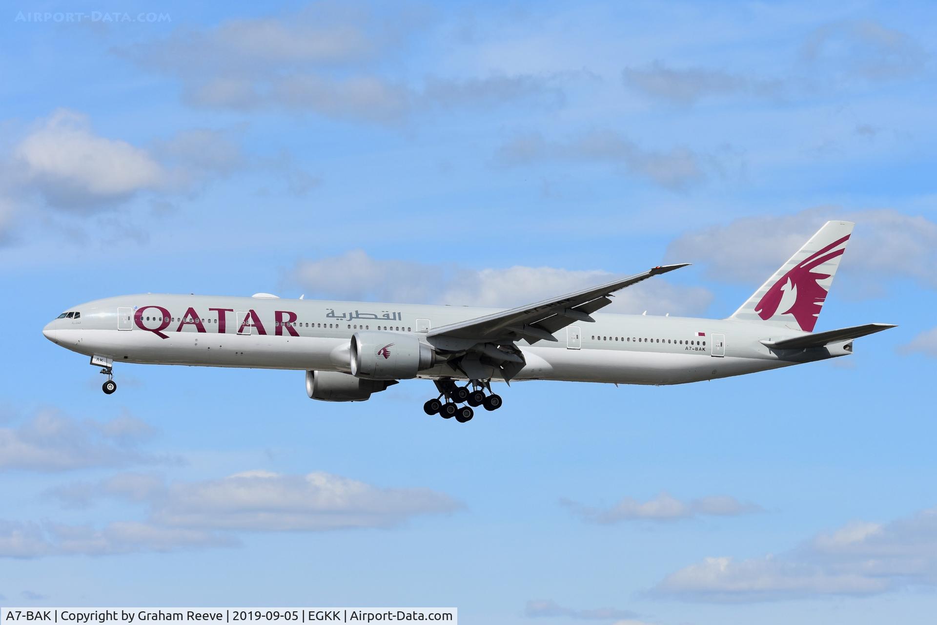 A7-BAK, 2010 Boeing 777-3DZ/ER C/N 36097, Landing at Gatwick.