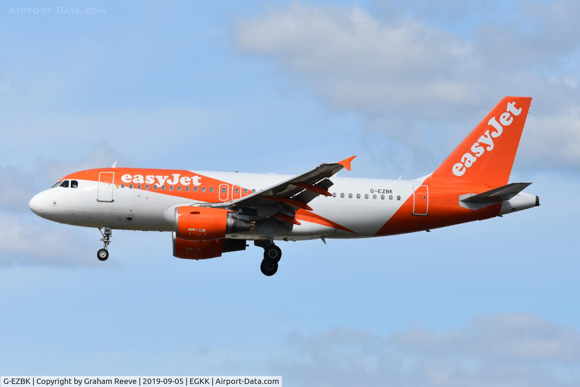 G-EZBK, 2007 Airbus A319-111 C/N 3041, Landing at Gatwick.