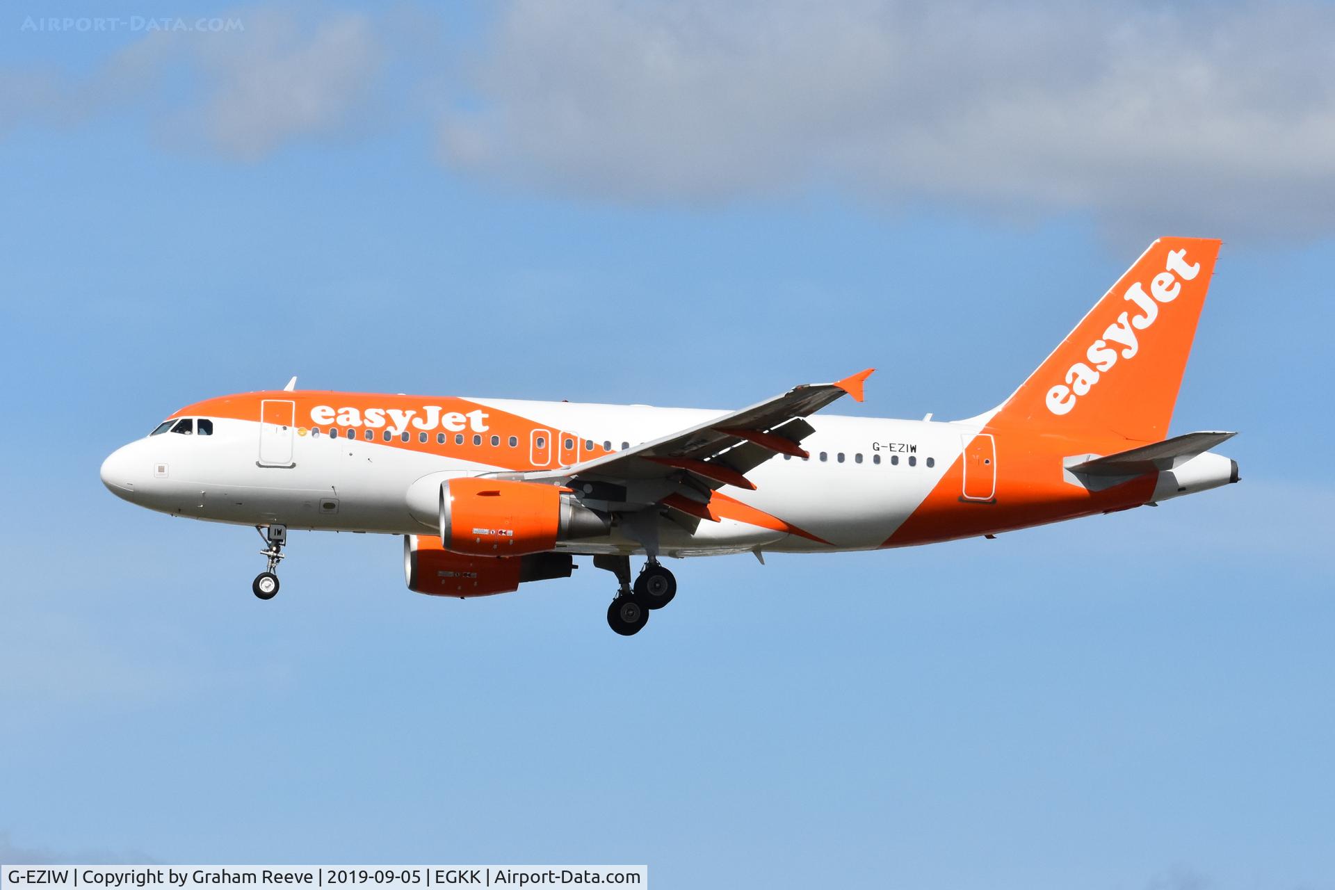 G-EZIW, 2005 Airbus A319-111 C/N 2578, Landing at Gatwick.