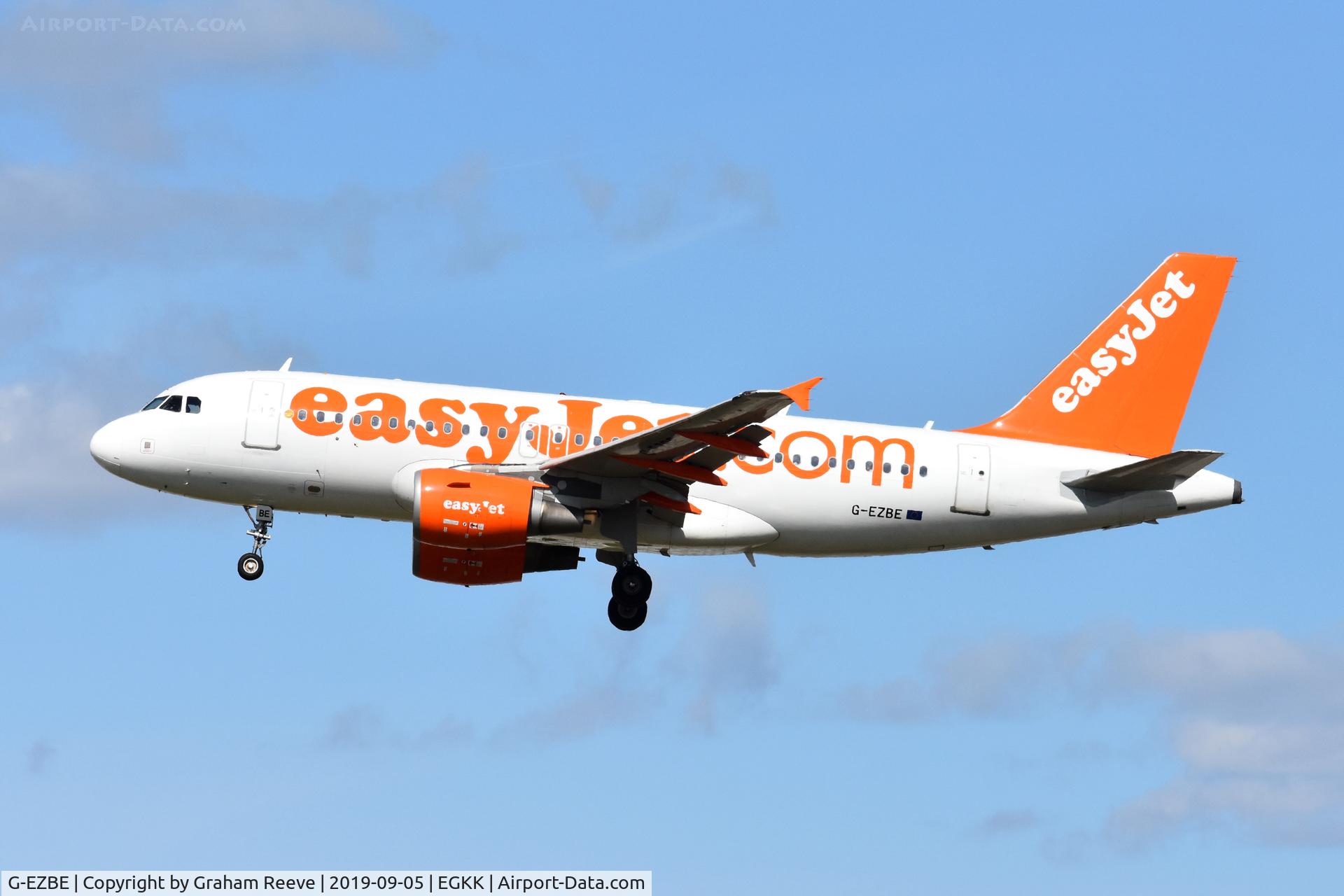 G-EZBE, 2006 Airbus A319-111 C/N 2884, Landing at Gatwick.