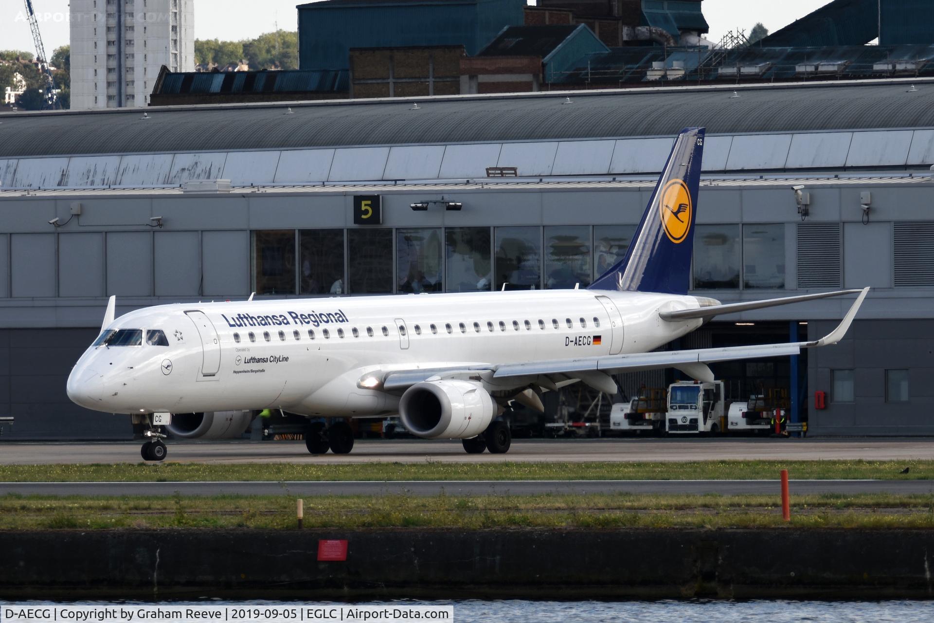 D-AECG, 2010 Embraer 190LR (ERJ-190-100LR) C/N 19000368, Departing from London City Airport.