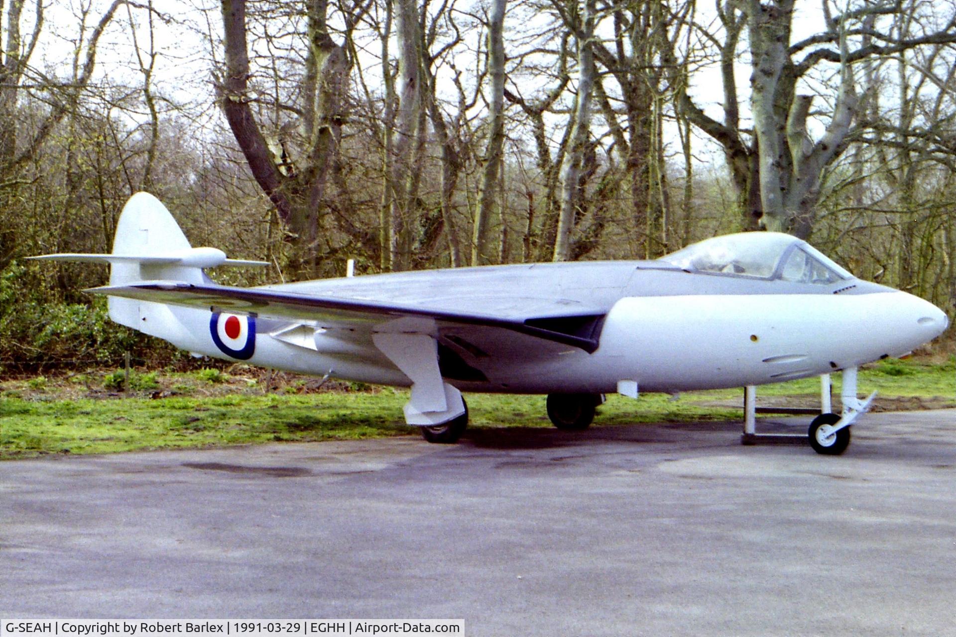 G-SEAH, 1954 Hawker Sea Hawk FB.5 C/N 6032, Seen here at Bournemouth/Hurn on 29th March 1991 with Jet Heritage during restoration. Was previously with the British Historic Aircraft Museum at Southend.