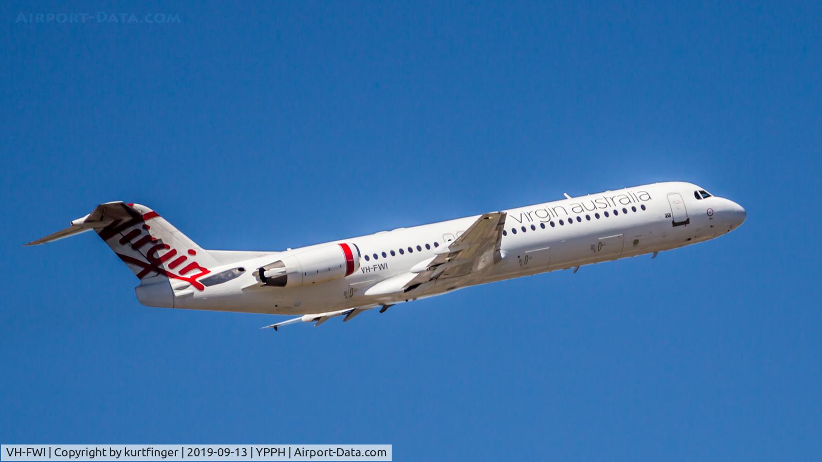 VH-FWI, 1990 Fokker 100 (F-28-0100) C/N 11318, Fokker 100, Virgin Australia VH-FWI dep runway 24 YPPH 130919.