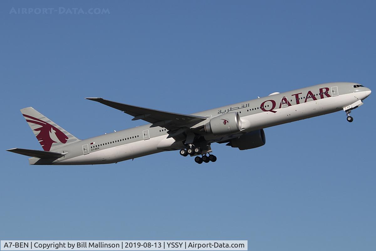 A7-BEN, 2017 Boeing 777-300/ER C/N 64064, away to CBR