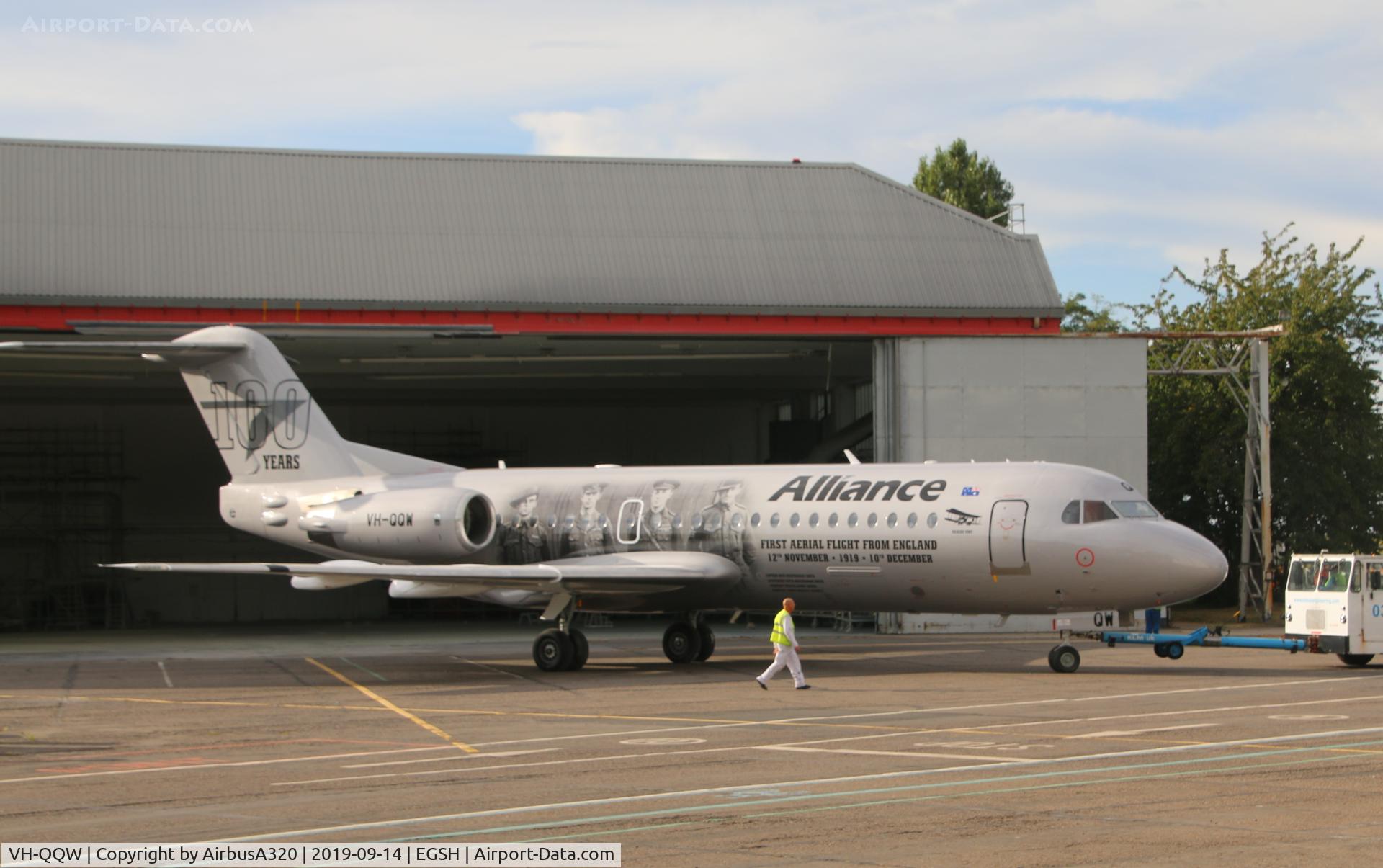 VH-QQW, 1996 Fokker 70 (F-28-0070) C/N 11569, 100th Anniversary First Aerial Flight from England to Australia 12th November 1919 10th December special livery applied to VH-QQW seen rolling out of the paint shop at Norwich
