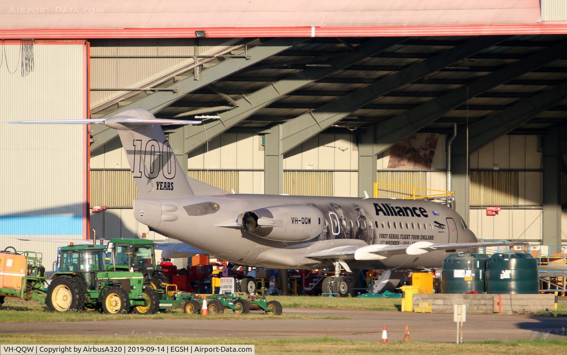 VH-QQW, 1996 Fokker 70 (F-28-0070) C/N 11569, Seen inside KLM hangar  at Norwich