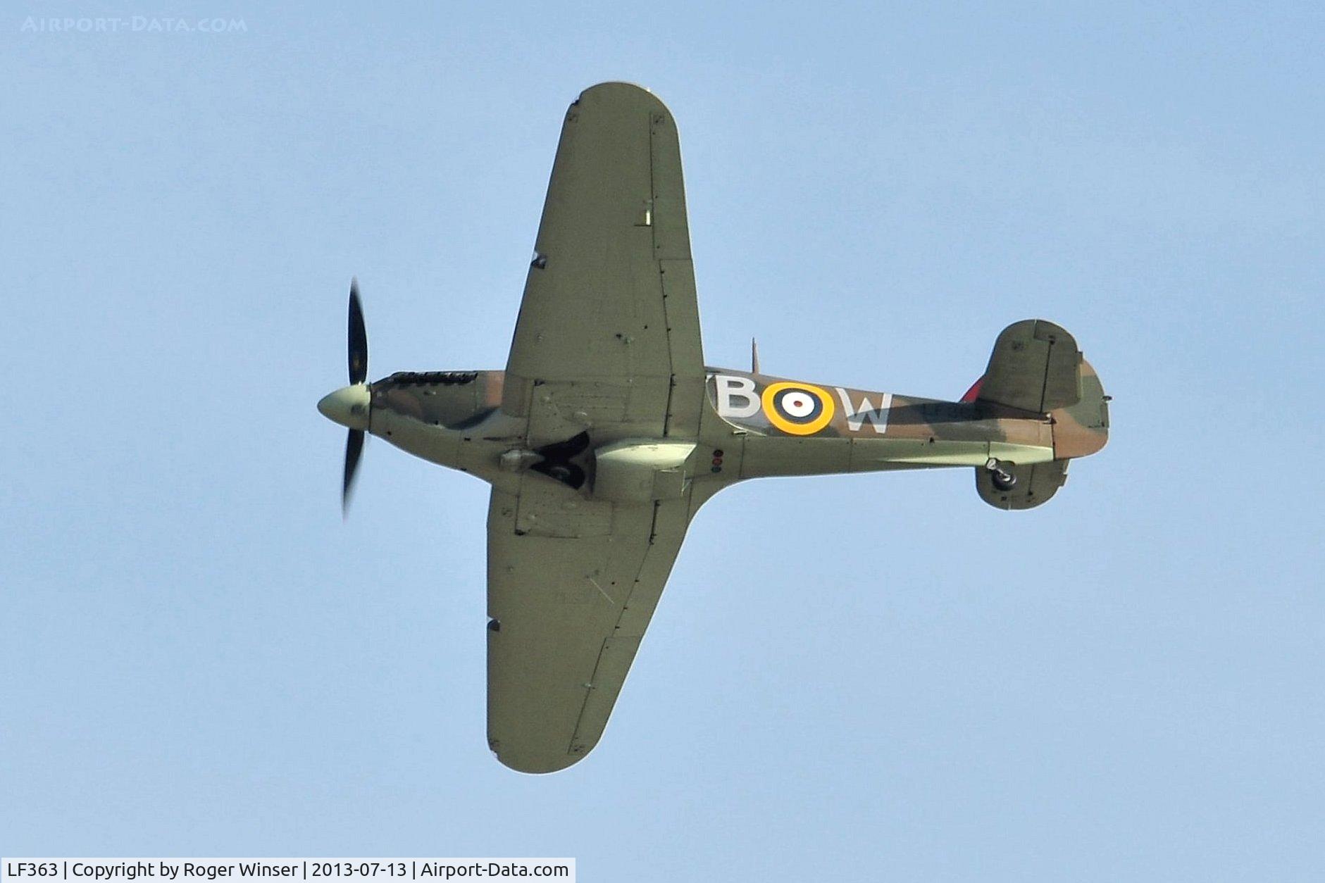 LF363, 1944 Hawker Hurricane IIC C/N 41H/469290, Off airport. Battle of Britain Memorial Flight Hurricane aircraft coded YB-W displaying on day 1 of the Wales National Air Show held over Swansea Bay, Wales, UK.