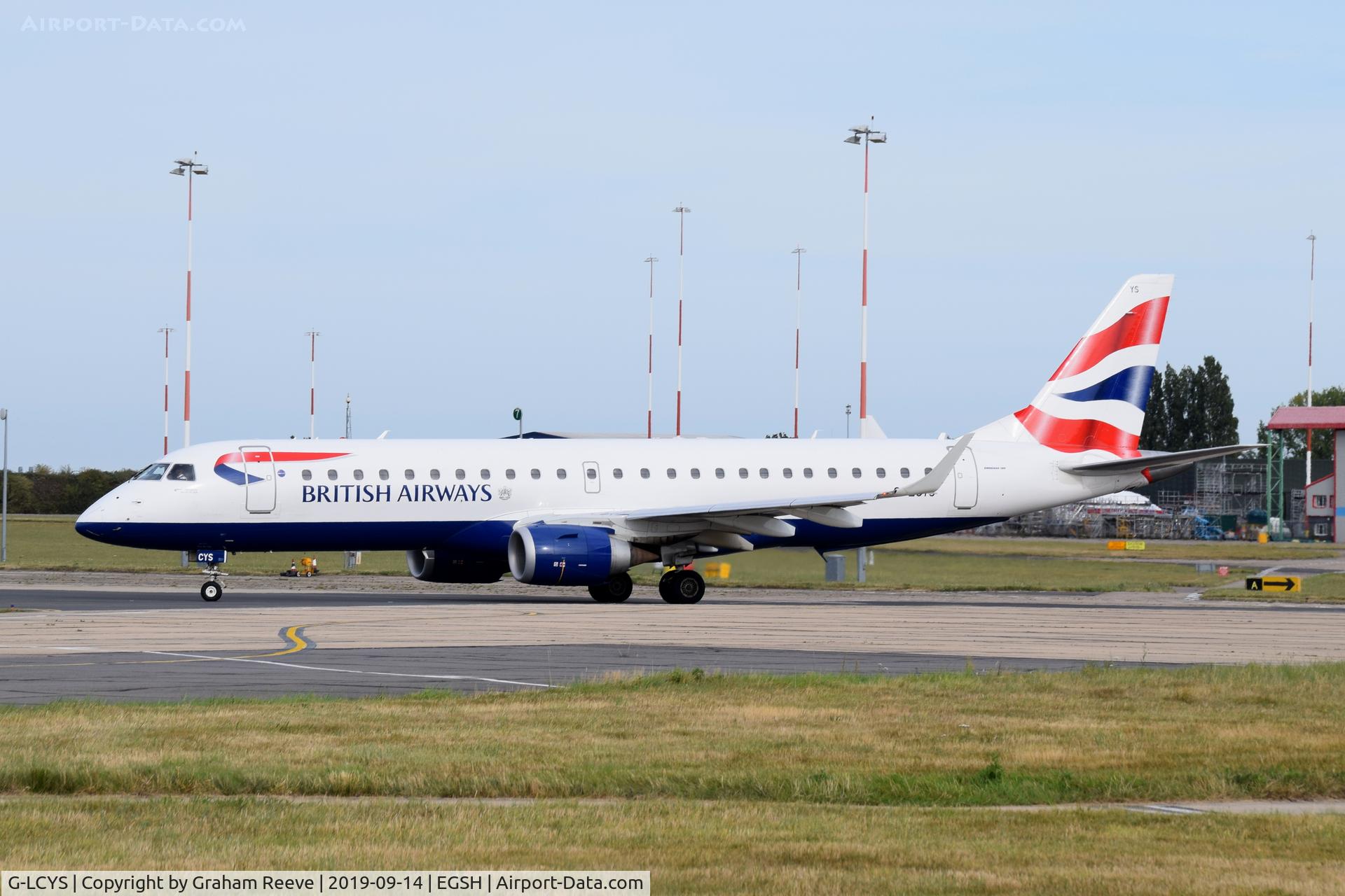 G-LCYS, 2014 Embraer 190SR (ERJ-190-100SR) C/N 19000663, Departing from Norwich.