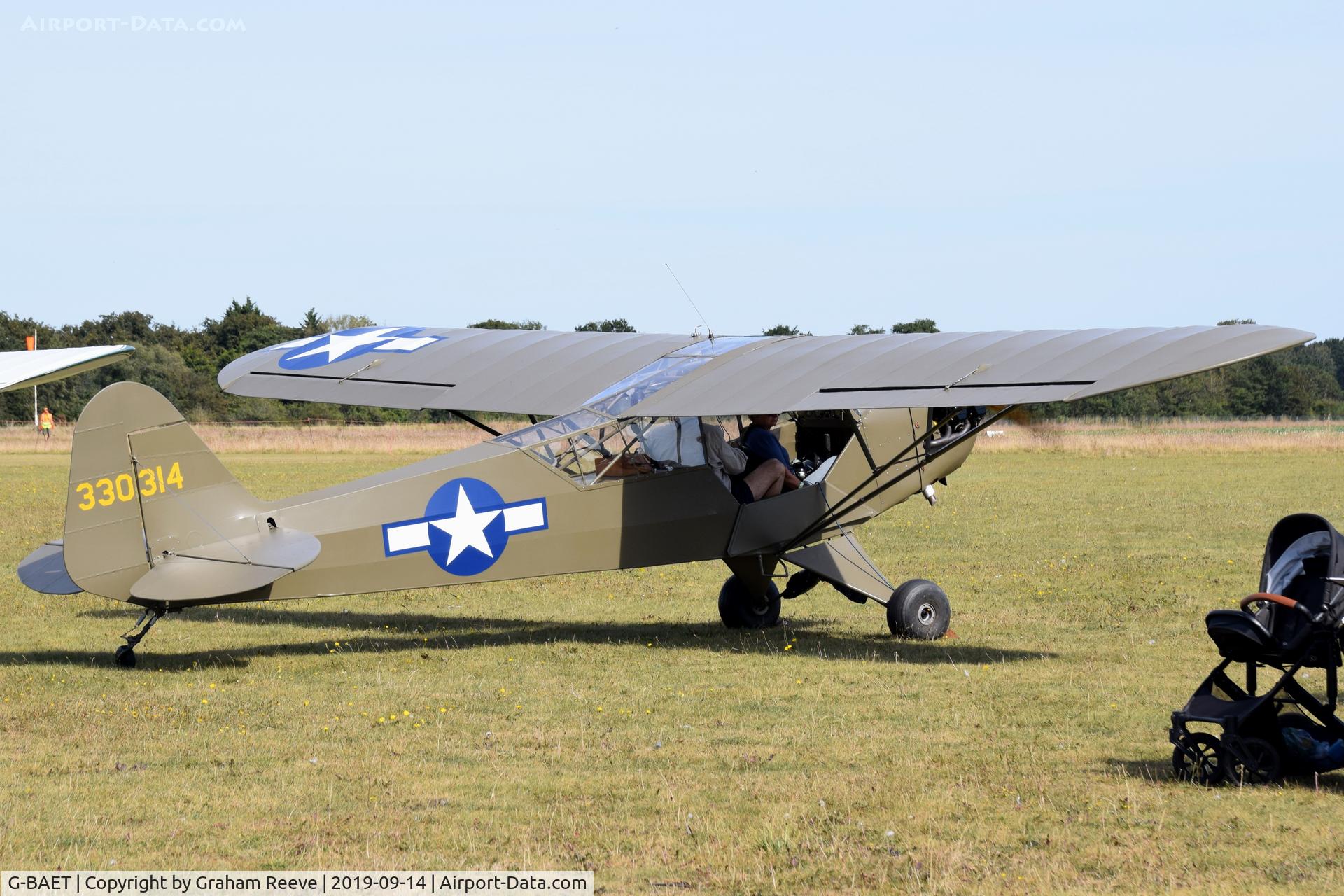 G-BAET, 1946 Piper L-4H Grasshopper (J3C-65D) C/N 11605, Departing from, Bury St Edmunds, Rougham Airfield, UK.