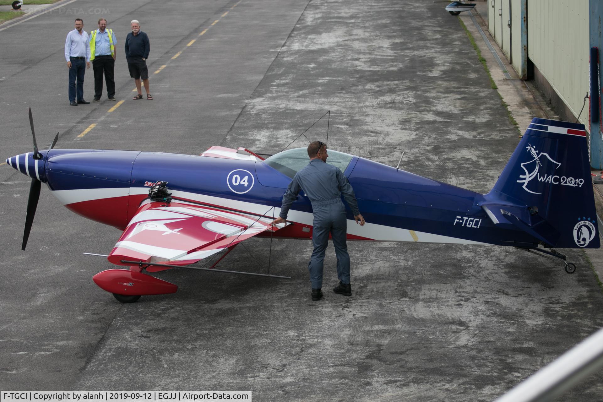 F-TGCI, Extra EA-330SC C/N 04, Preparing to display at Jersey airshow, 2019; note the World Aerobatics Championship logo on the tail.