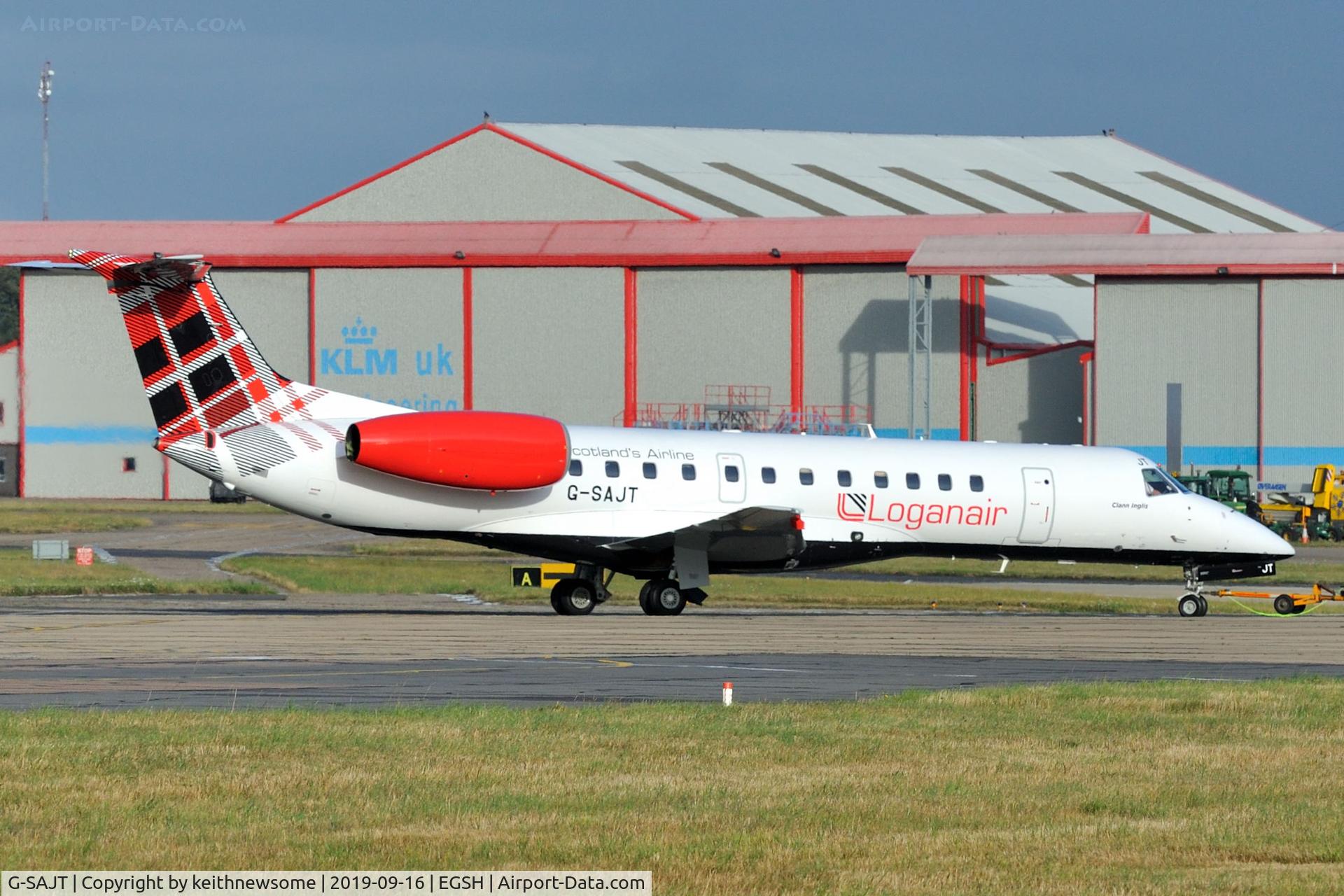 G-SAJT, 2001 Embraer ERJ-135ER (EMB-135ER) C/N 145376, Leaving Norwich for Edinburgh.