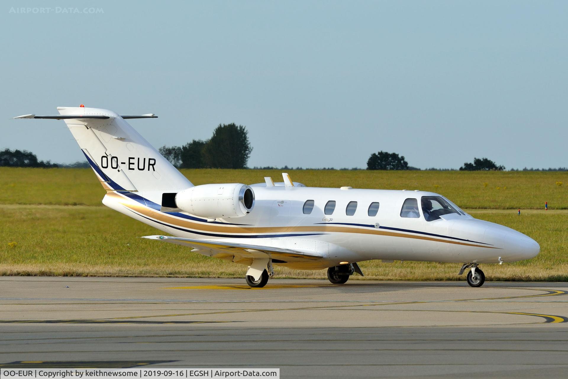 OO-EUR, 1996 Cessna 525 CitationJet CJ1 C/N 525-0118, Leaving Norwich for Rotterdam.