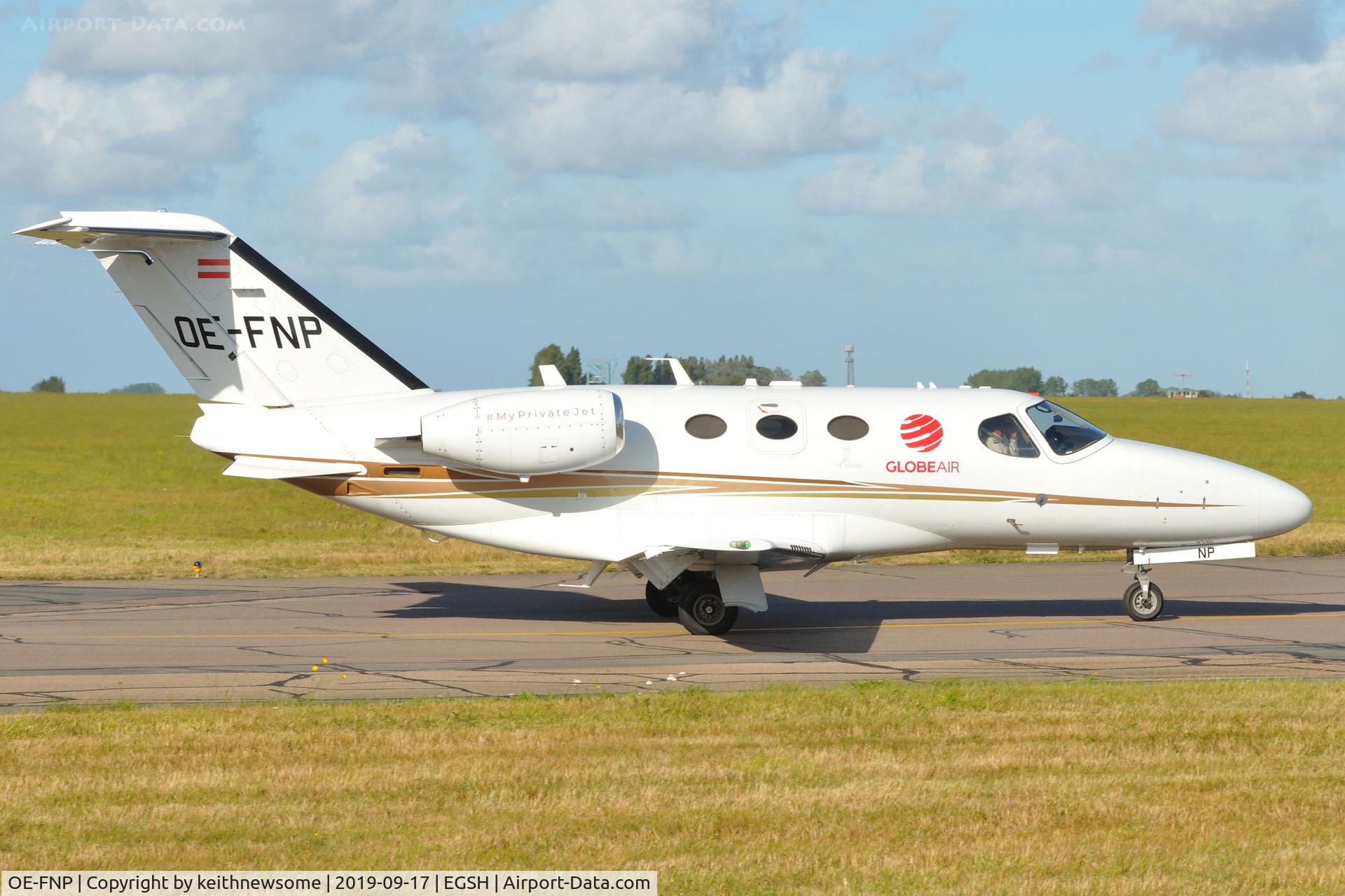 OE-FNP, 2009 Cessna 510 Citation Mustang Citation Mustang C/N 510-0185, Leaving Norwich for Amsterdam.