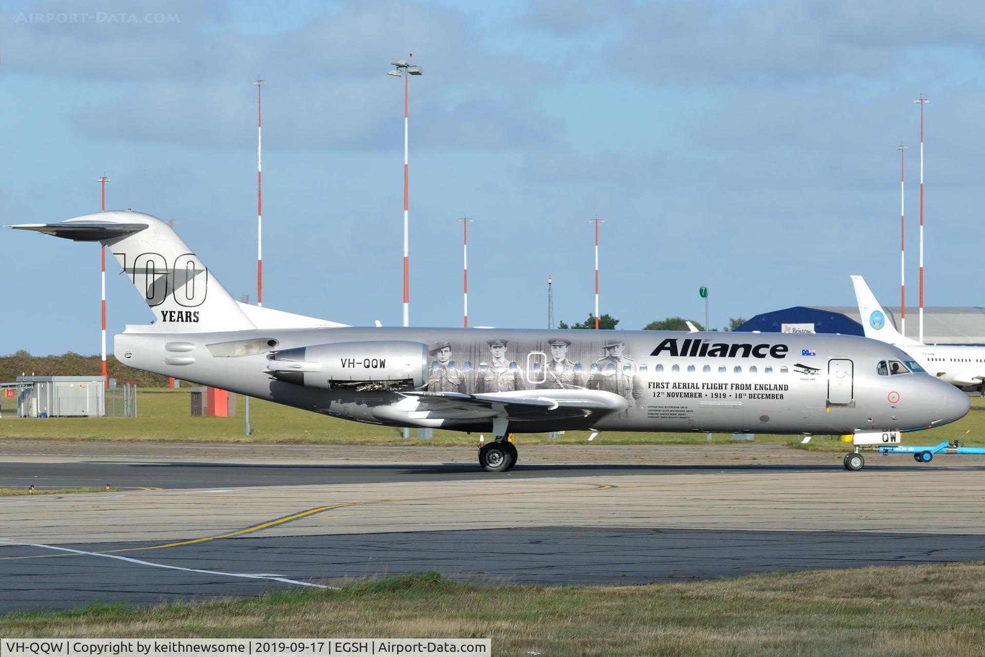 VH-QQW, 1996 Fokker 70 (F-28-0070) C/N 11569, Returning from engine test facility with parts missing.