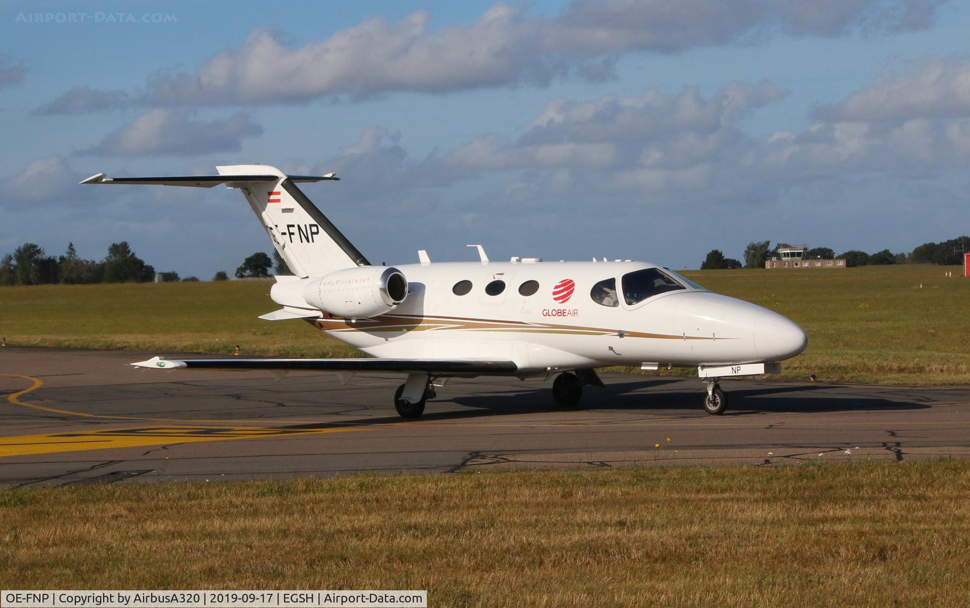 OE-FNP, 2009 Cessna 510 Citation Mustang Citation Mustang C/N 510-0185, Departing Saxon ramp at Norwich