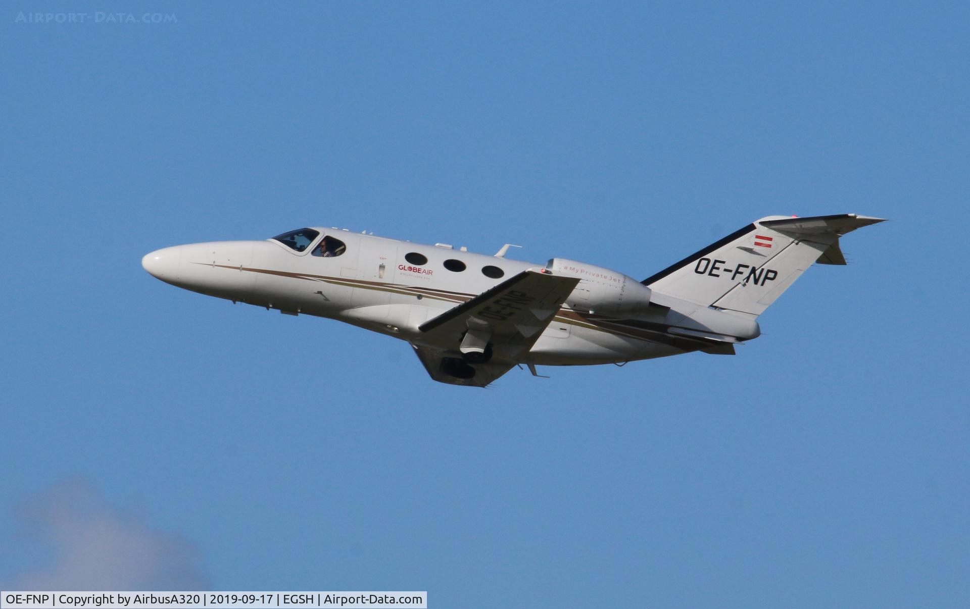 OE-FNP, 2009 Cessna 510 Citation Mustang Citation Mustang C/N 510-0185, Departing Norwich