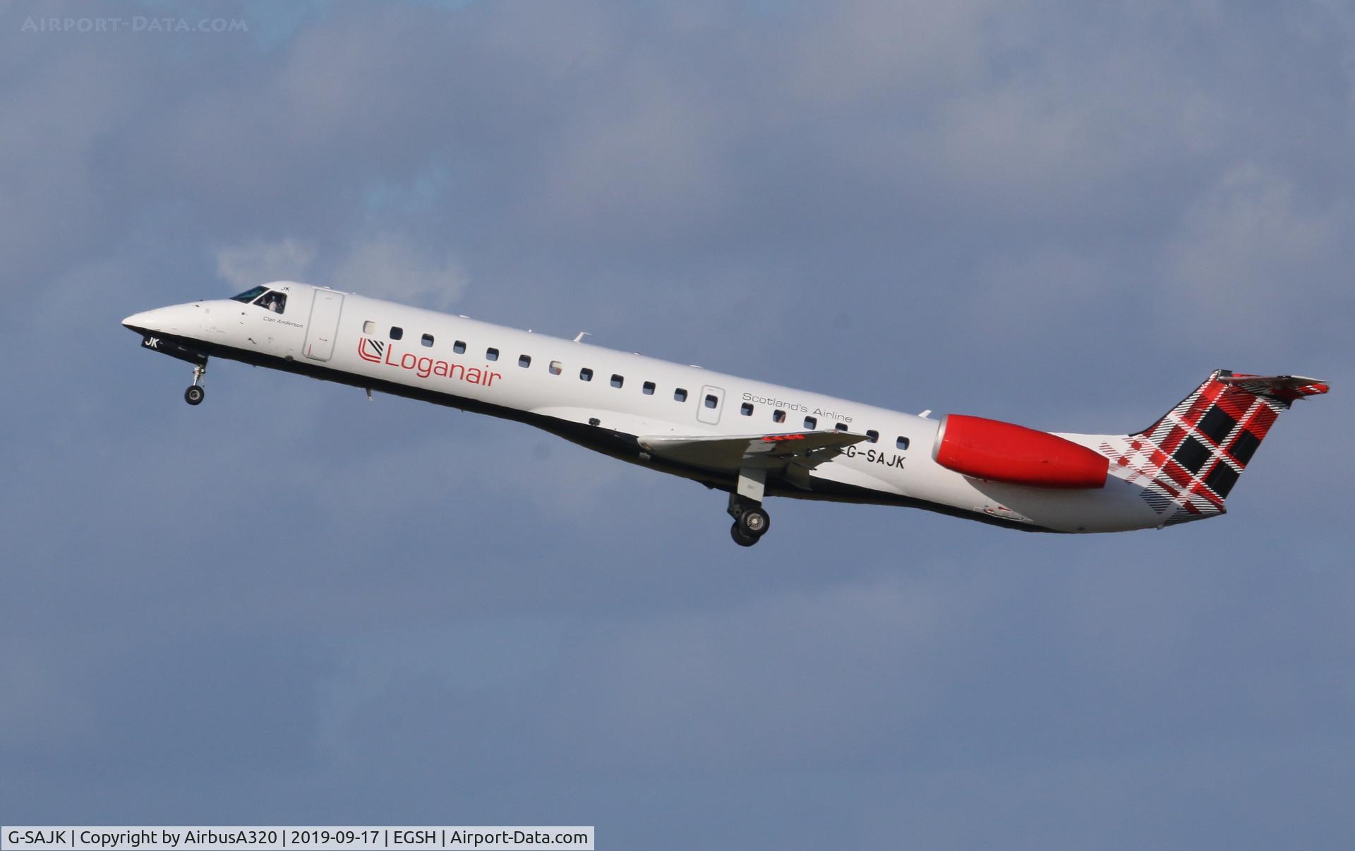G-SAJK, 1999 Embraer EMB-145EP (ERJ-145EP) C/N 145153, Departing Norwich